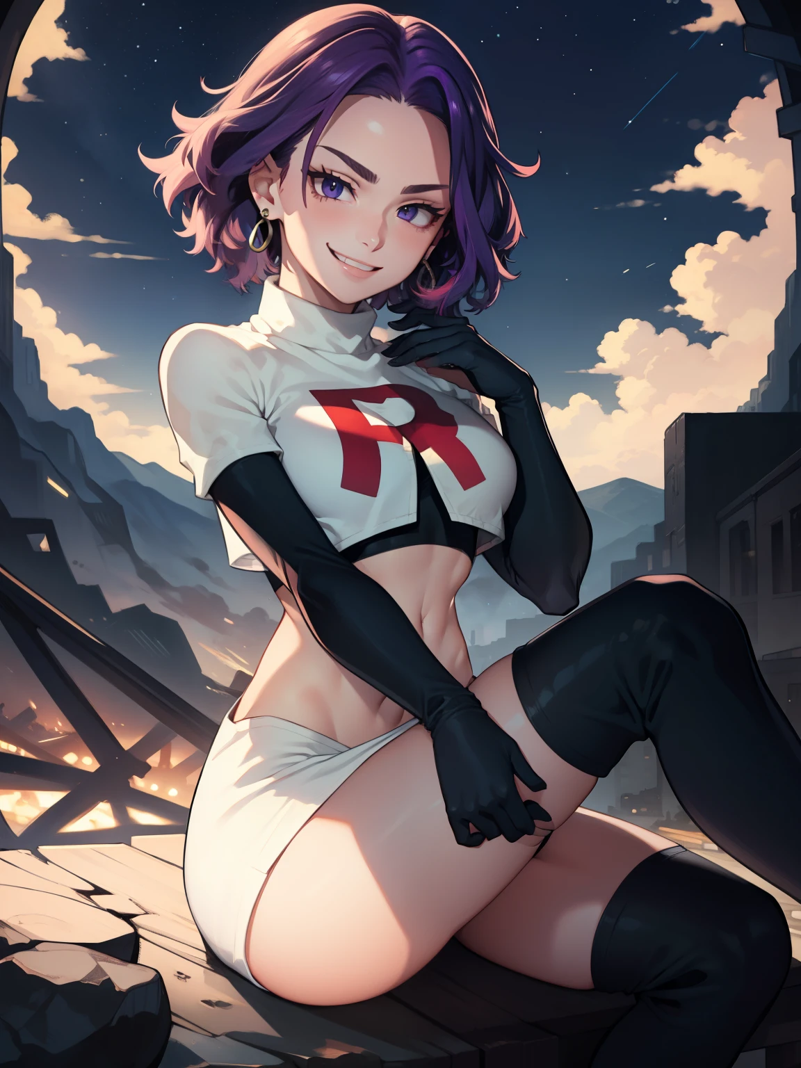 lady nagant, boku no hero academia, purple hair ,earrings, glossy lips ,team rocket uniform, red letter R, white skirt,white crop top,black thigh-high boots, black elbow gloves, evil smile, sitting down ,legs crossed, night sky background