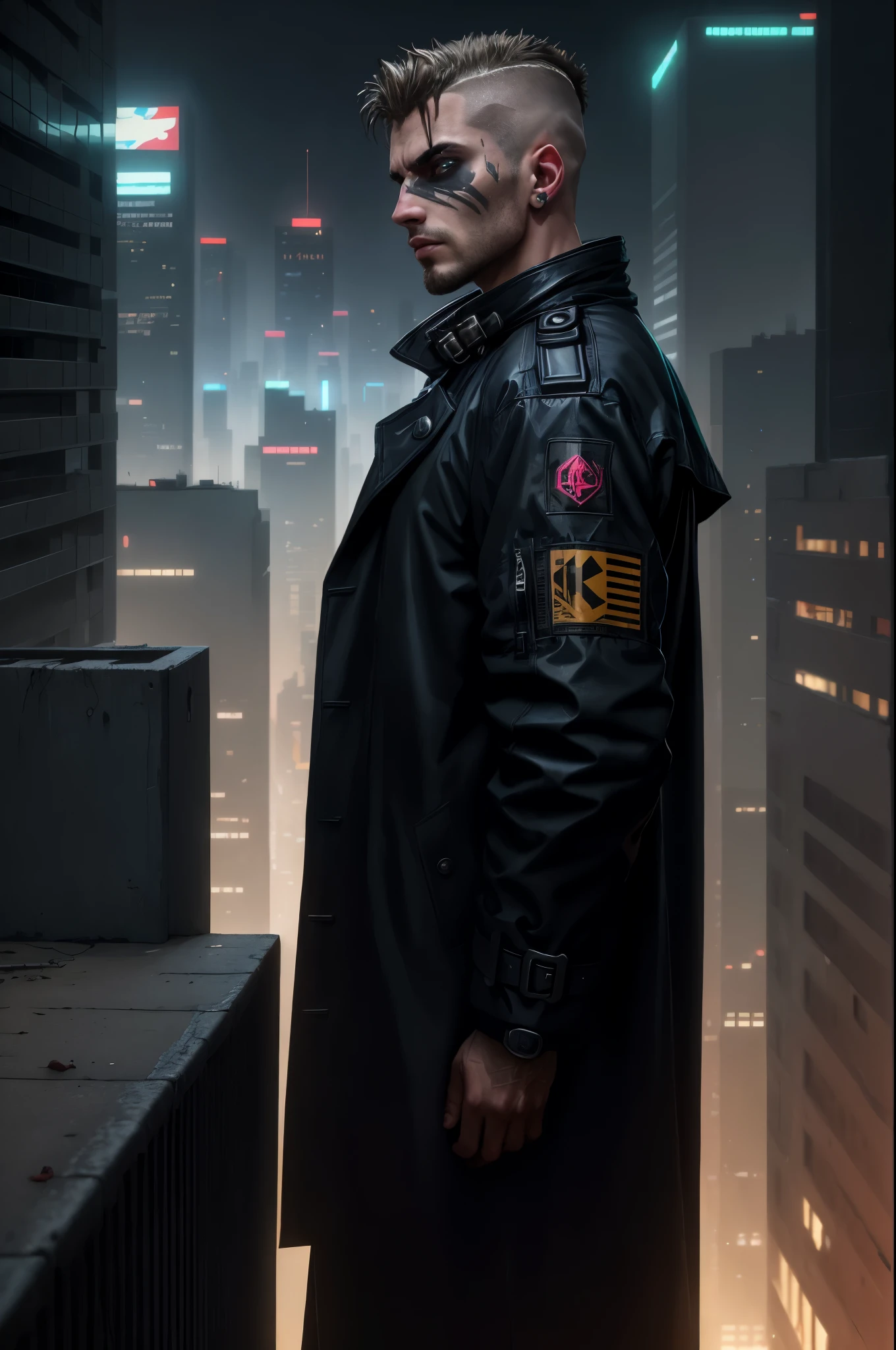 A man, 30 years old, hair shaved on the sides, combed back, wearing a dark trench coat with the collars turned up. He is leaning against the parapet of a building, observing from above the night of the cyberpunk city below in the background. Background futuristic cyberpunk make it realistic, Blade Runner, 8k, ultra hd
