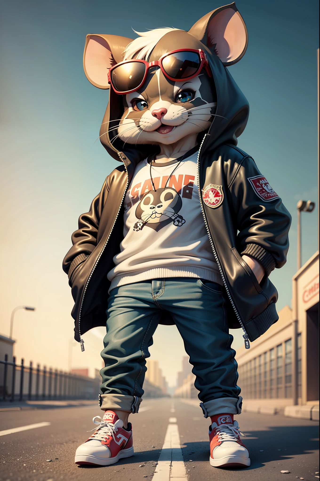 C4tt4stic, Cartoon Rat in jacket red and skateboard, Sunglasses,