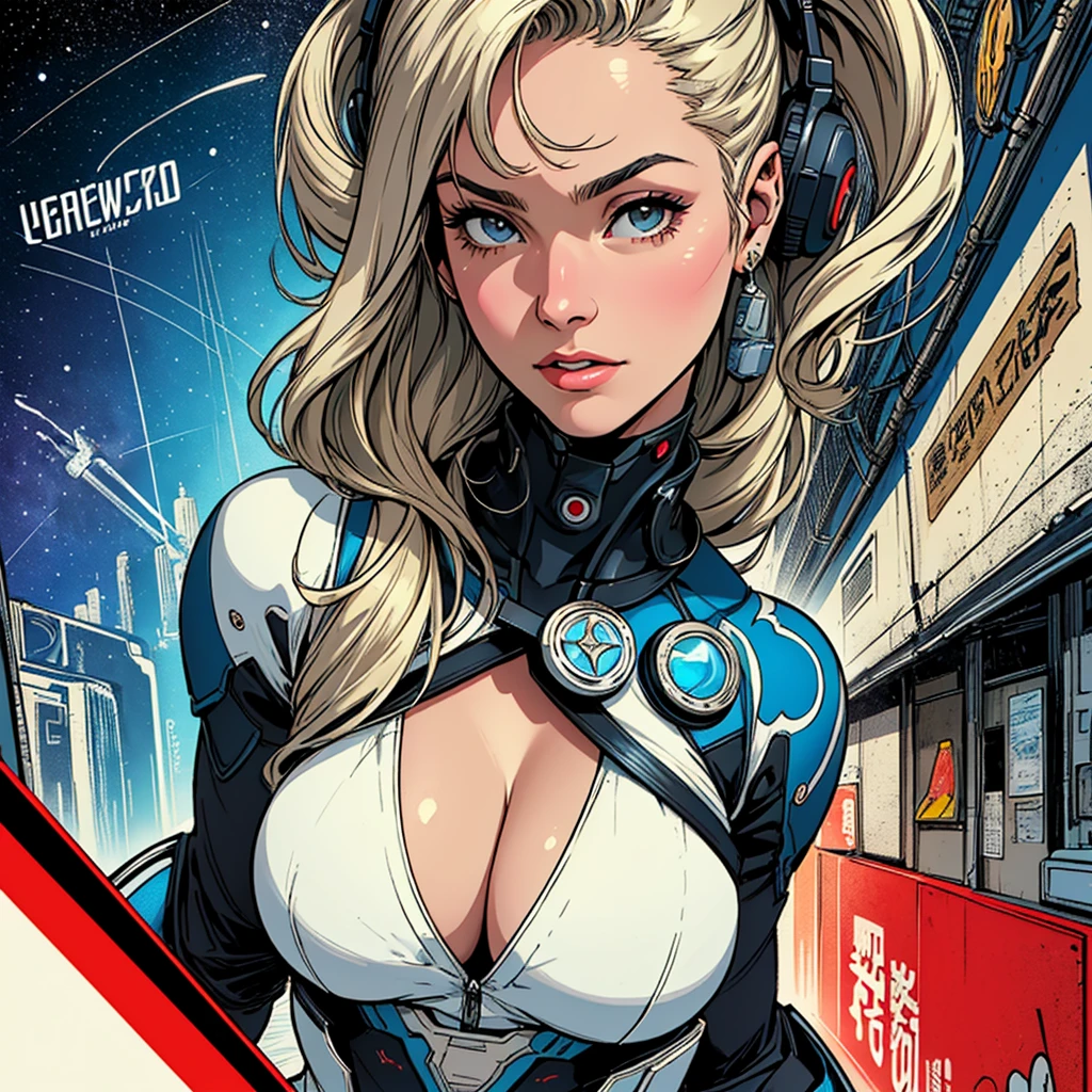 (((highest quality))),masterpiece,1 woman,((the perfect person)),((Super beautiful woman)),detailed perfect face,retro,vintage,classic,60's,70's,80's,old movie posters,abstract,((スペーススリラーmovie poster)),(Futuristic),Geometric pattern,very delicate,movie poster_white frame,universe,Milky Way,planet,,propaganda,universe飛行士,breast enhancement,simple,(big breasts),(cleavage),cyber punk,massive stream of light,overlay,SF,A scene from a science fiction movie,universeステーション,tattoo,American comic book style,perfect fingers,perfect physical beauty,