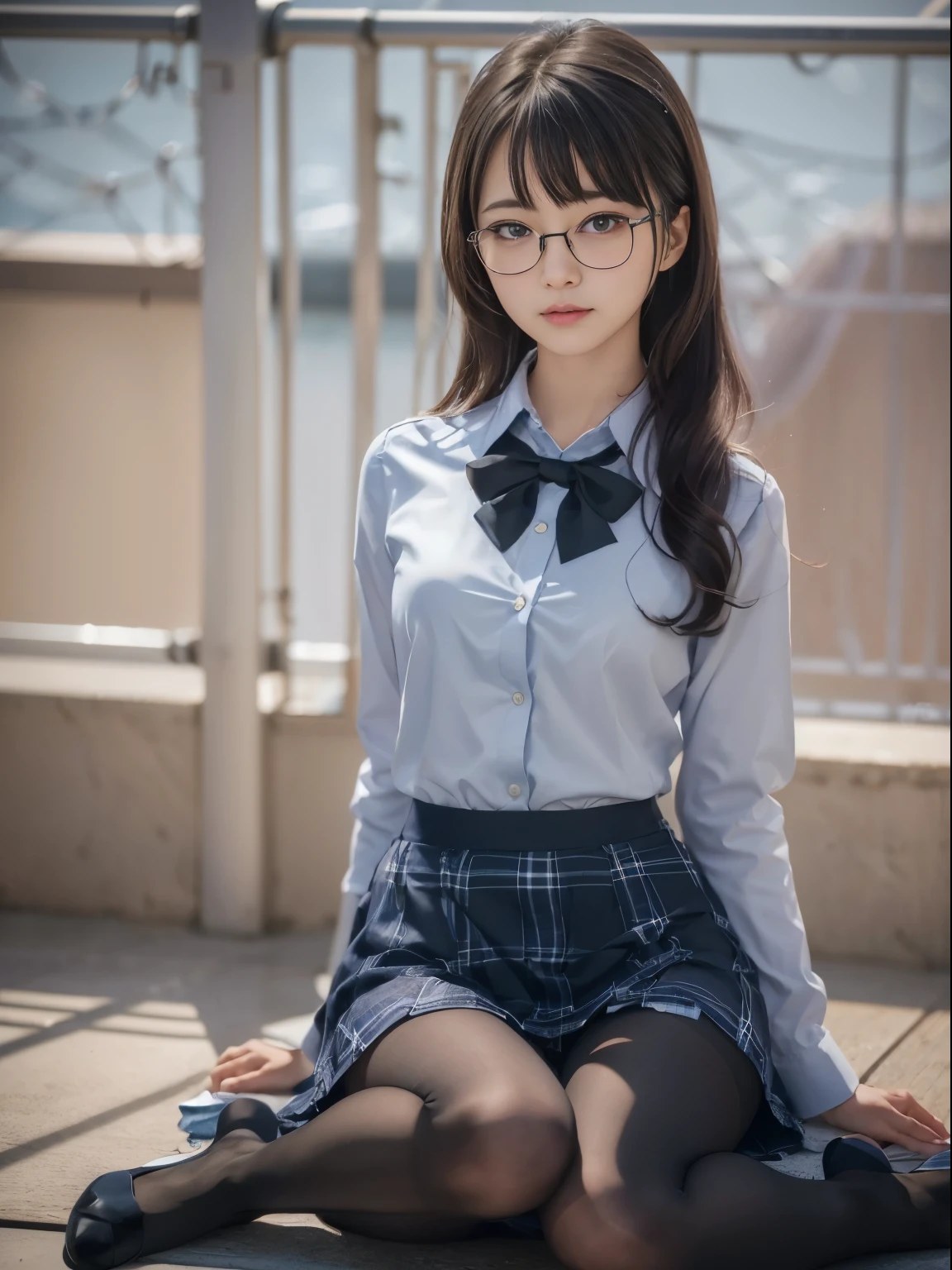 (I can see my underwear)、((細いeye))、((細いeye))、((細いeye))、(8K、生photographgraphy、highest quality、masterpiece:1.2),、small、(flat chest)、(flat chest)、(flat chest)、(flat chest)、(flat chest)、(Are thin)、Fair skin、Whitening、dark look、skinny,sex appeal,Fair skin肌,Saucy,School,looking at the viewer,looking straight ahead,high-pitched clothes,erotic,students,white skin,knees,(((black pantyhose)),((black pantyhose))),disorganized,(small face),(small face),I can see the forehead,Bangs hanging from the left and right sides of the forehead,(cold look,eyeがきつめ,glare,bullish,anger)、masterpiece,highest quality、ultra high resolution,生photograph,beautiful,beautiful,There is only one person, solo,Glasses,,dark look,small breasts same,full body,(まるGlasses),JK uniform,high school girl,japanese woman, (photorealistic:1.37)、photon mapping,Reality、beautiful woman,cute ,ブラウンeye、black socks、(red bow tie)、radio city、Physically based rendering、depth of field rally background、photograph,body,beautiful feet, long legs, thin legs,(I can see my bangs), Hairy pubic area, lips, blue_eye, nose soft,(light blue dress shirt), (Navy, blue and white plaid pleated skirt), kneesが見える,transparent clothing,, Peaches, black cotton socks,Nogizaka Idol, , japanese idol