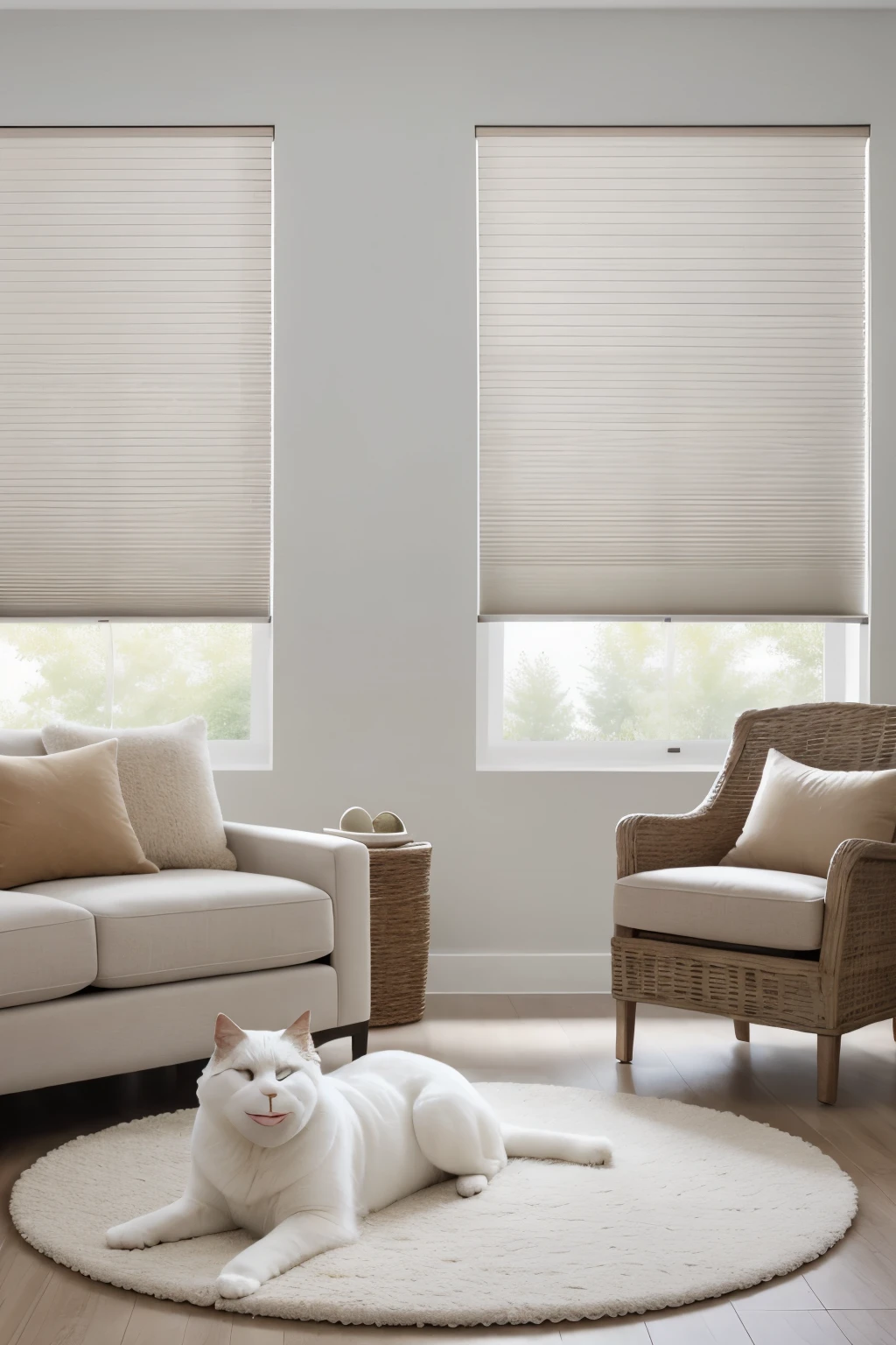 (high quality, cellular shades, white, pets playing)
A cozy living room scene featuring cats and dogs playing together in the warm, natural light filtering in from the cellular shades. The white walls and floor create a crisp and clean canvas, while the vivid colors and intricate details of the pets bring the image to life. The high-quality image captures every detail, from the textured fur on the animals to the shadows cast by their movements. The cellular shades soften the light, creating a pleasant and inviting atmosphere.