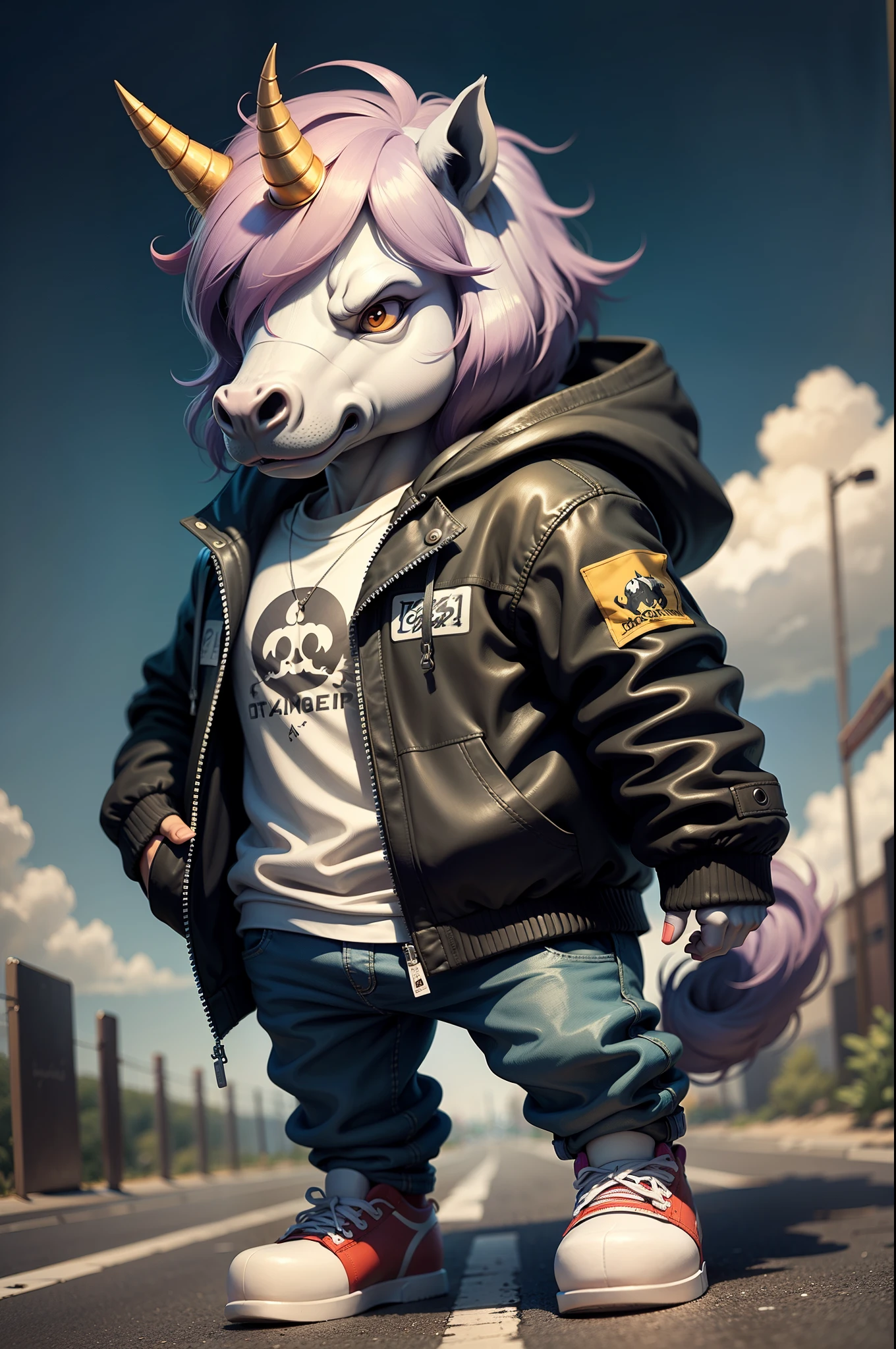 C4tt4stic, Cartoon Unicorn Horse in jacket Black and skateboard, Sunglasses,