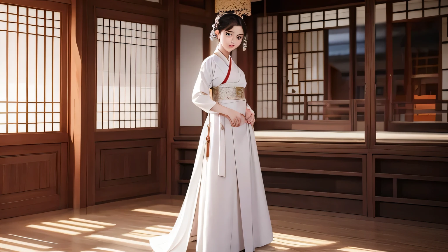 Please draw a model in her 20s wearing a traditional hanbok and striking an elegant pose., Appearing inside a modernized Hanok. The background should be a traditional Hanok cafe...