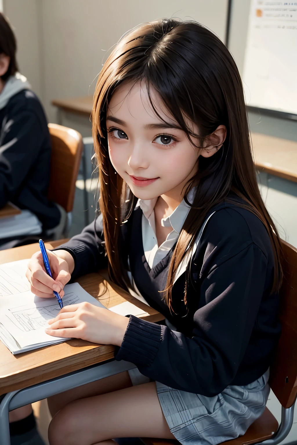 two kids, During class, school, one boy one girl, Desk, note, writing, sitting, high detailed real face, smile, beautiful skin, high detailed skin, beautiful eyes, high detailed finger, high detailed hand, masterpiece,