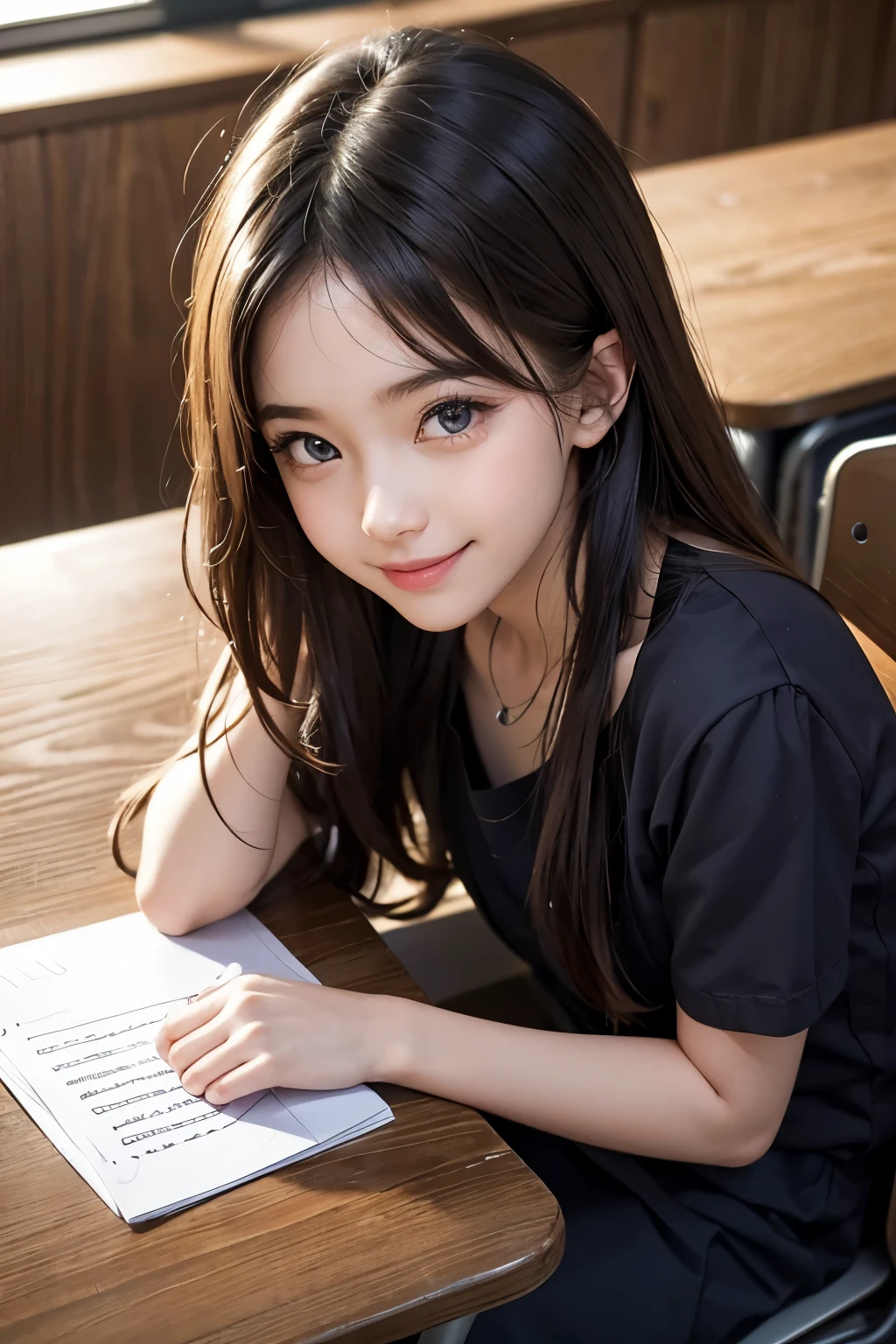 1girl, black hair, (18 years old:1.6),
(on the desk in the classroom of  junior high school:1.5), trees, (?????:1.3), (knee socks:1.2), (spread legs:1.2), short bob, (looking at the viewer:1.4), nsfw,
(8k, RAW photo, best quality, masterpiece:1.2), High detail RAW color photo, professional photograph,(realistic, photo realistic:1.2), ((best quality)),
japanese girl, finely detailed face, bashful smile, smile shyly, beautiful, extremely pretty, cute like a doll, loli, female idol, round big eyes, small nostrils, little_cute_girl,bsp,little_cute_girl,pussy,rear pussy