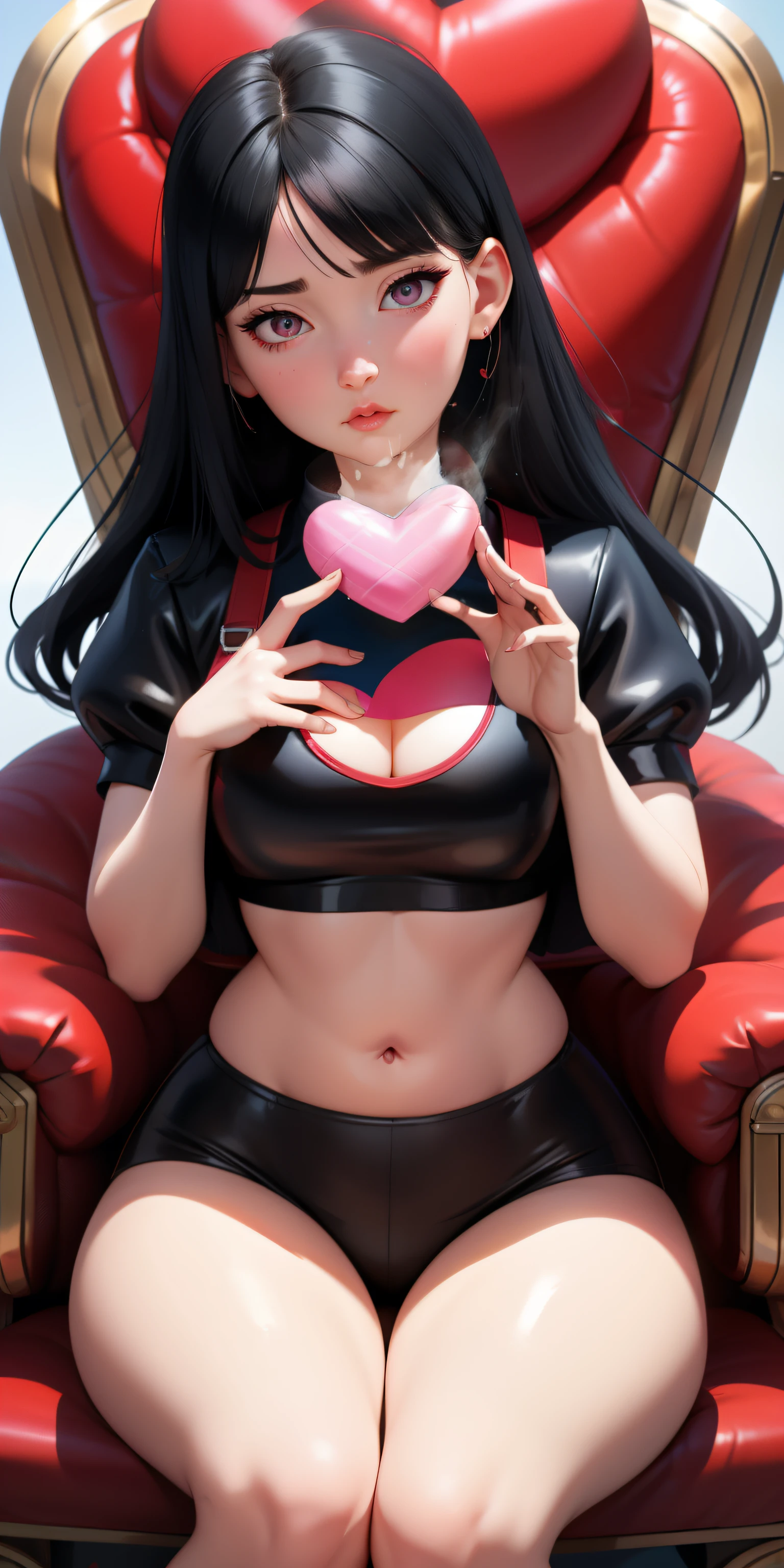 1girl,heart-shaped pupils,, black hair,blue eyelush:1.1),speed lines:1.1),medium breasts, ((heavy breathing:1.3)), love, heart, red crop top, black lingerie, looking down  at viewer, sitting on a throne