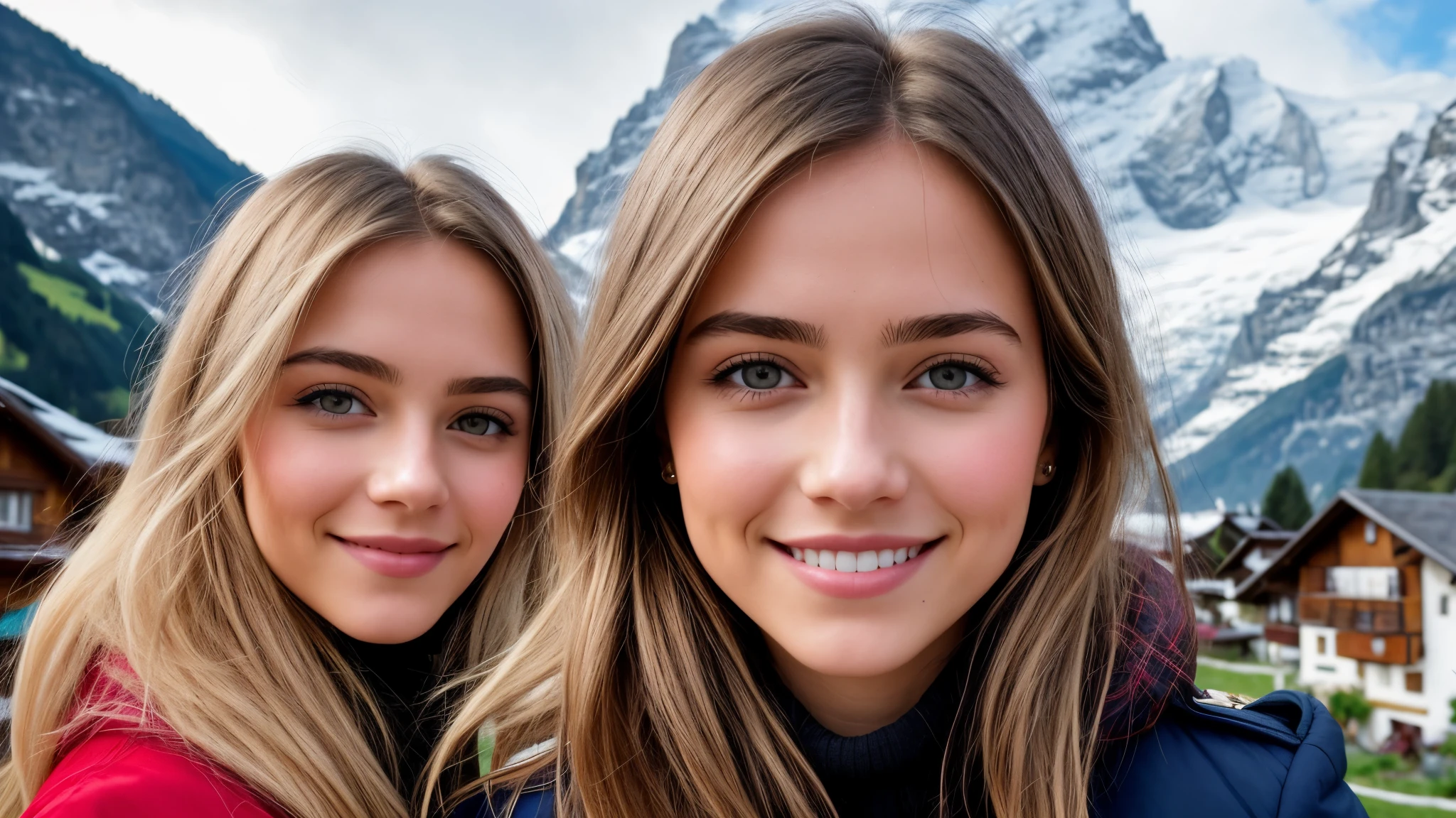 Instagram pictures, French Girl, Shoulder length hair, with light blonde hair, Close-up photo, coat, The background is the village of Grindelwald...., Switzerland, smile a little,