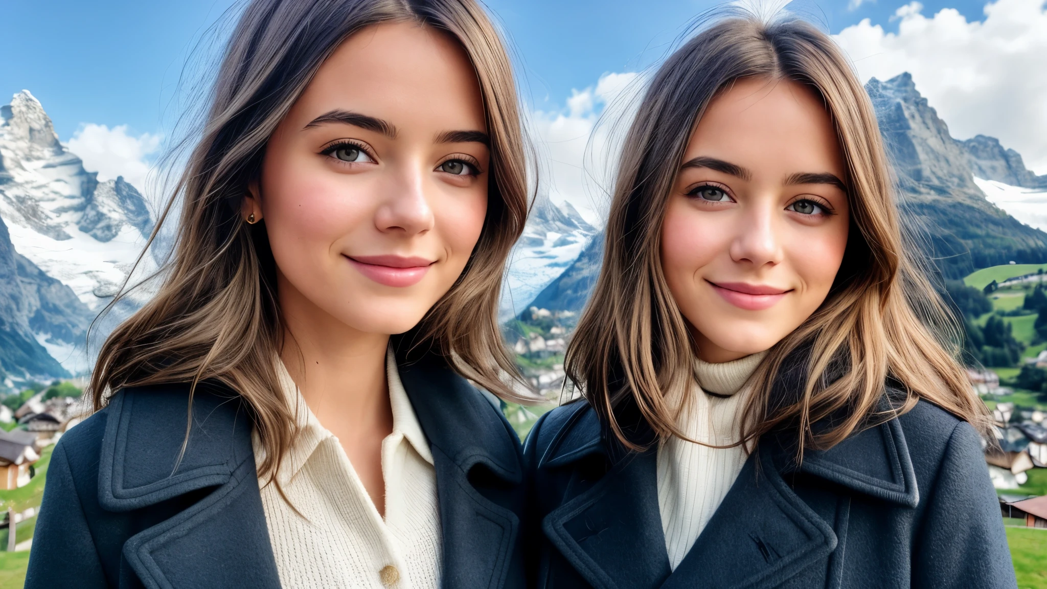 Instagram pictures, French Girl, Shoulder length hair, with light blonde hair, Close-up photo, coat, The background is the village of Grindelwald...., Switzerland, smile a little,