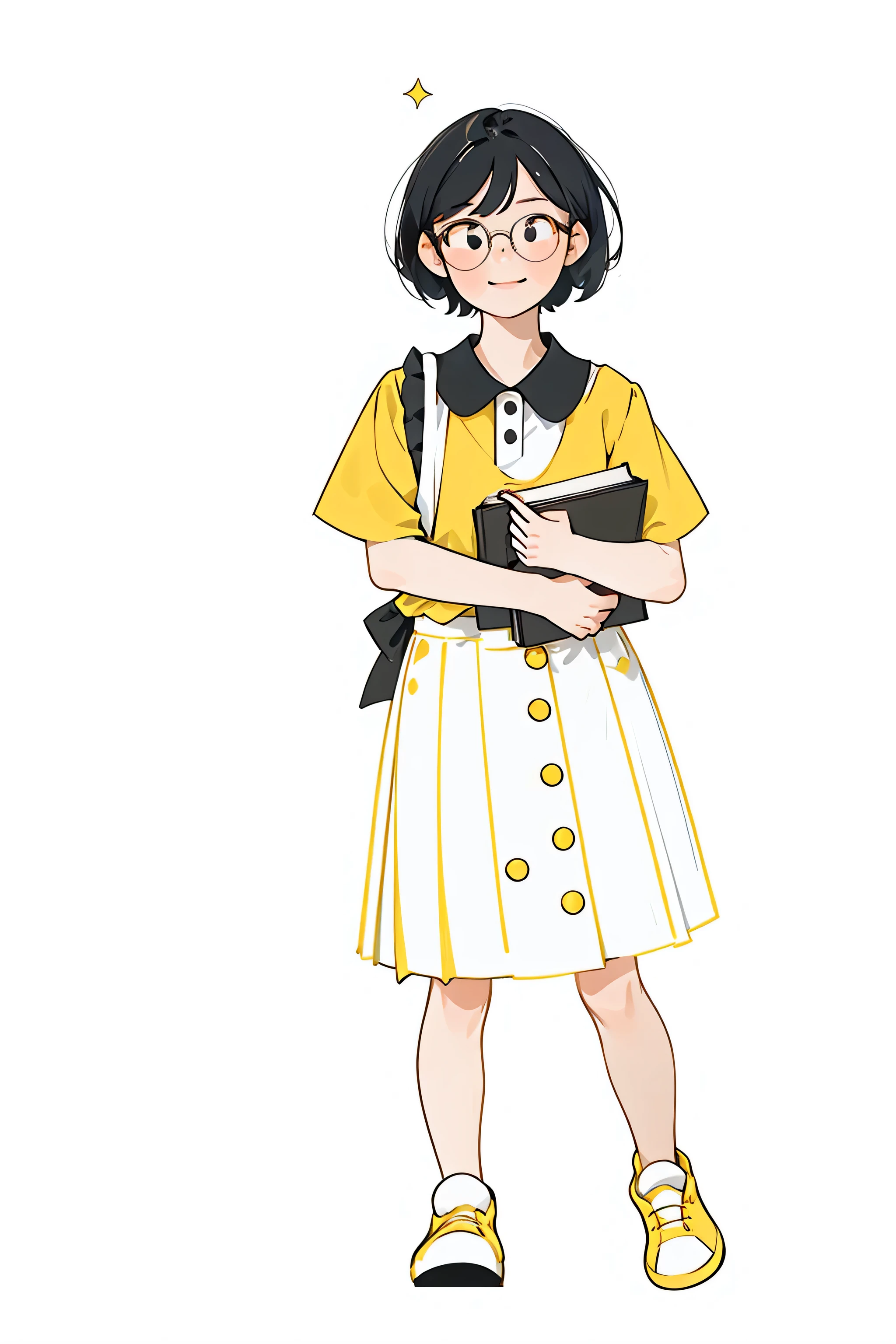 ((masterpiece)), best quality, perfect anatomy,8k wallpaper,,medium wind, 1 girl, alone, short sleeves, permanent, simple background, Bangs, whole body, Smile, White background, white shoes, Glasses, black hair, short hair, looking at the audience, Keep your mouth shut, spark, holding book, Opening the book, yellow skirt, yellow collar, White shirt, 圆形Glasses, Nasal drops, wave, medium hair, buttons on skirt, eye drops, yellow cheeks, partially colored,
