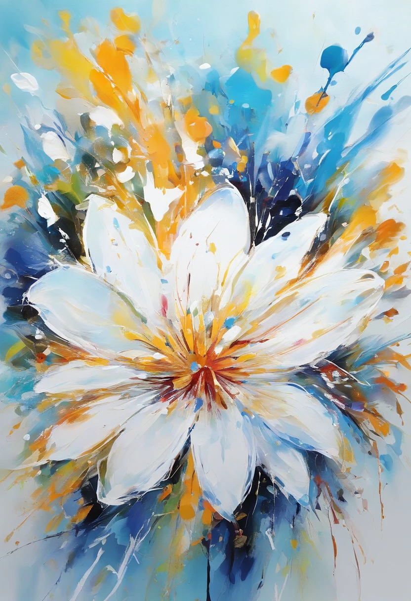 Draw an abstract painting of a single flower.,white clematis flowers、use acrylic paint、Abstract artist known for his unique use of acrylic pouring, real brush strokes，aesthetic composition，Minimal style, Dynamic and popping strokes、Shape that suggests discovery、White clematis symbolizes purity and mystery.、Expressing unexpected developments and feelings of surprise、The main color of the work is bright sky blue、Bright and colorful tones、Add moist compacted sand、Enhances the texture and tactile elements of your artwork, While staring at this image, you、Interaction of color and texture、Immerse yourself in the feeling of wonder、guided by surprise、Flowers radiate bursting energy、Feels like opening a surprise box、like a cracker、((Ink Splatter:1.3))
