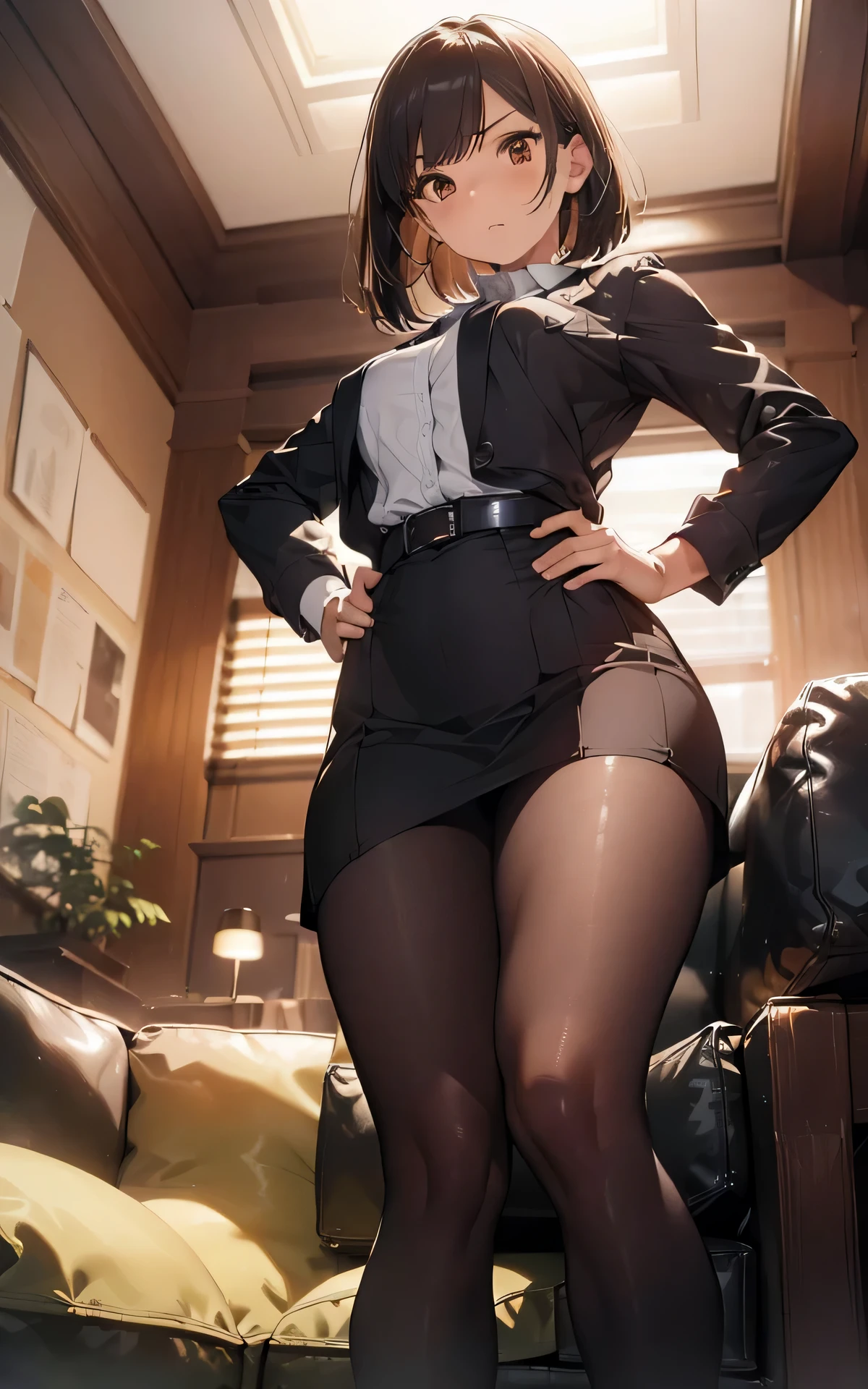 (((contrapposto、hands on hips、sit on a sofa、furious、from below:1.3)))、detailed hair、Flat Lighting、sexy pose、best quality、intricate detailed、Hyperrealistic), absurd res, perspective, highly detailed, detailed background, illustration, 1girl, perfect hands, detailed fingers, beautiful detailed eyes, perfect eyes, seductive eyes, (medium chest), milf, mature woman, brown eyes, CEO, (office clothes:1.2), flare skirt、pantyhose, a woman in the office room、bob cut