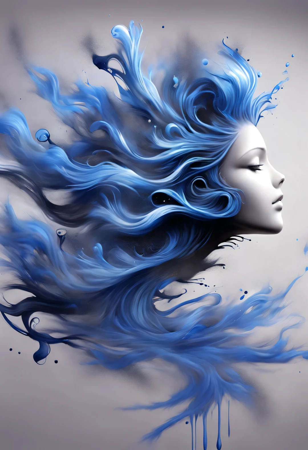 Ink art of blue dancing hair，Wallpaper phone，splash ink，airbrush art