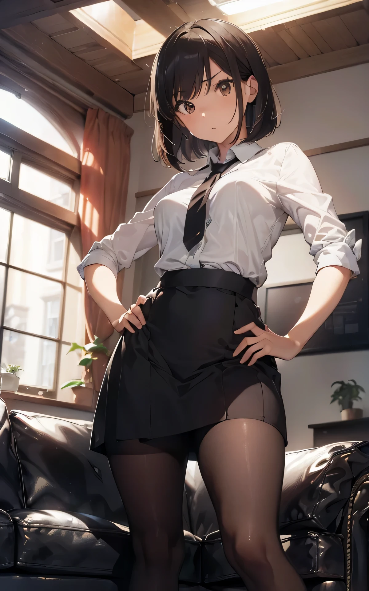 a women, round face, angle from below, drooping eyes, mesh shirt, skirt, (((touching crotch, straddling to rub crotch against stone bollard, pantyhose, dark pubic hair))), tiny earrings, outside, 