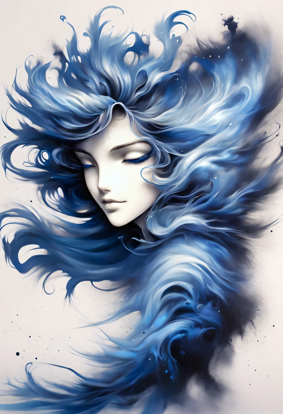 Ink art of blue dancing hair，Wallpaper phone，splash ink，airbrush art