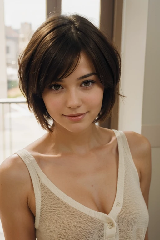 brunette girl with short hair looks at the camera, mouth closed slight smile, The face is open