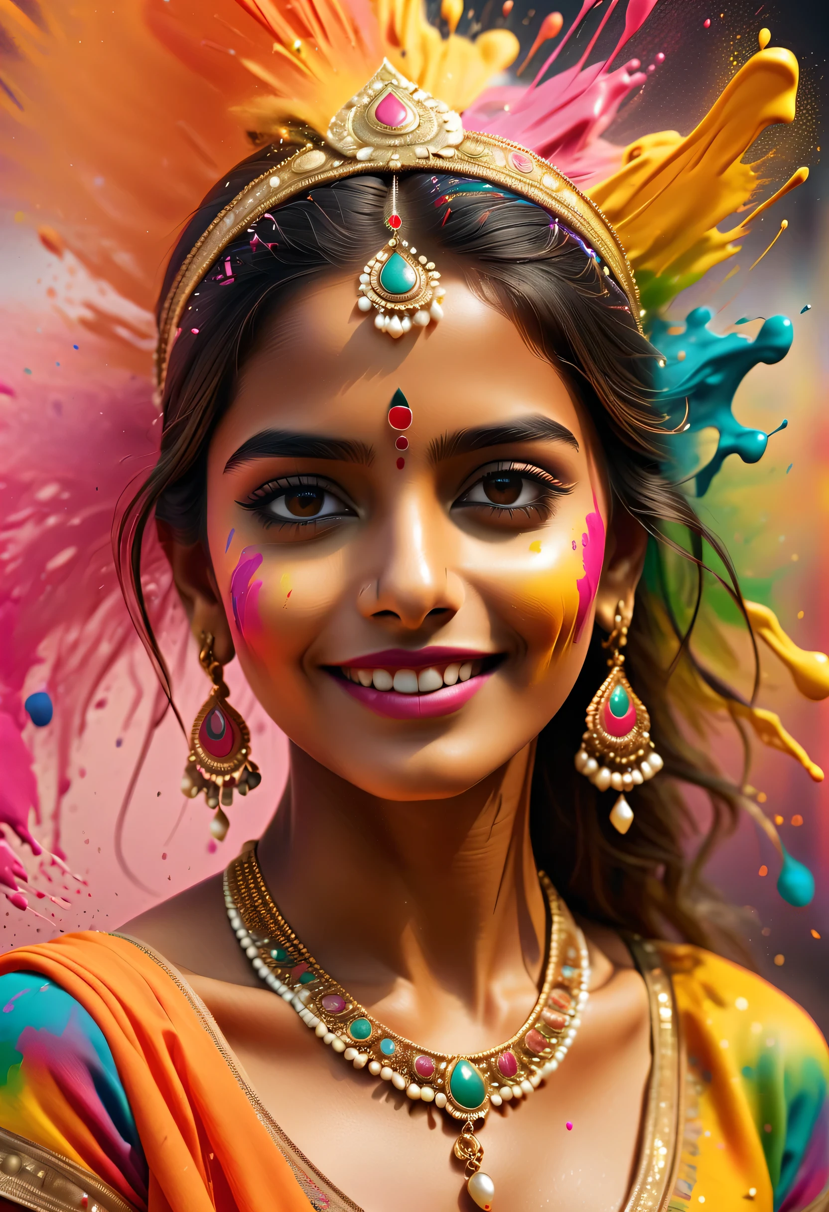 (best picture quality，4K,8k，HD，masterpiece:1.2)，Super detailed，(lifelike，lifelike，lifelike:1.37)。Indian festivals，painting festival，splatted paint：1.37.beautiful Indian girl，Face painted with colorful paint，golden eyes，exquisite gold jewelry，happy，happiness，contagious smile，Colorful costumes，colored nails，身上被splatted paint，Splashing colorful paint at the event，paint splatter background，彩色splatted paint，Energetic movement，Dynamic and powerful abstract art，colorful，propylene，Vivid rainbow hues，happiness活泼的气氛，Bright orange，pink，Whimsical and dreamy，spontaneous splash，bold color contrast。