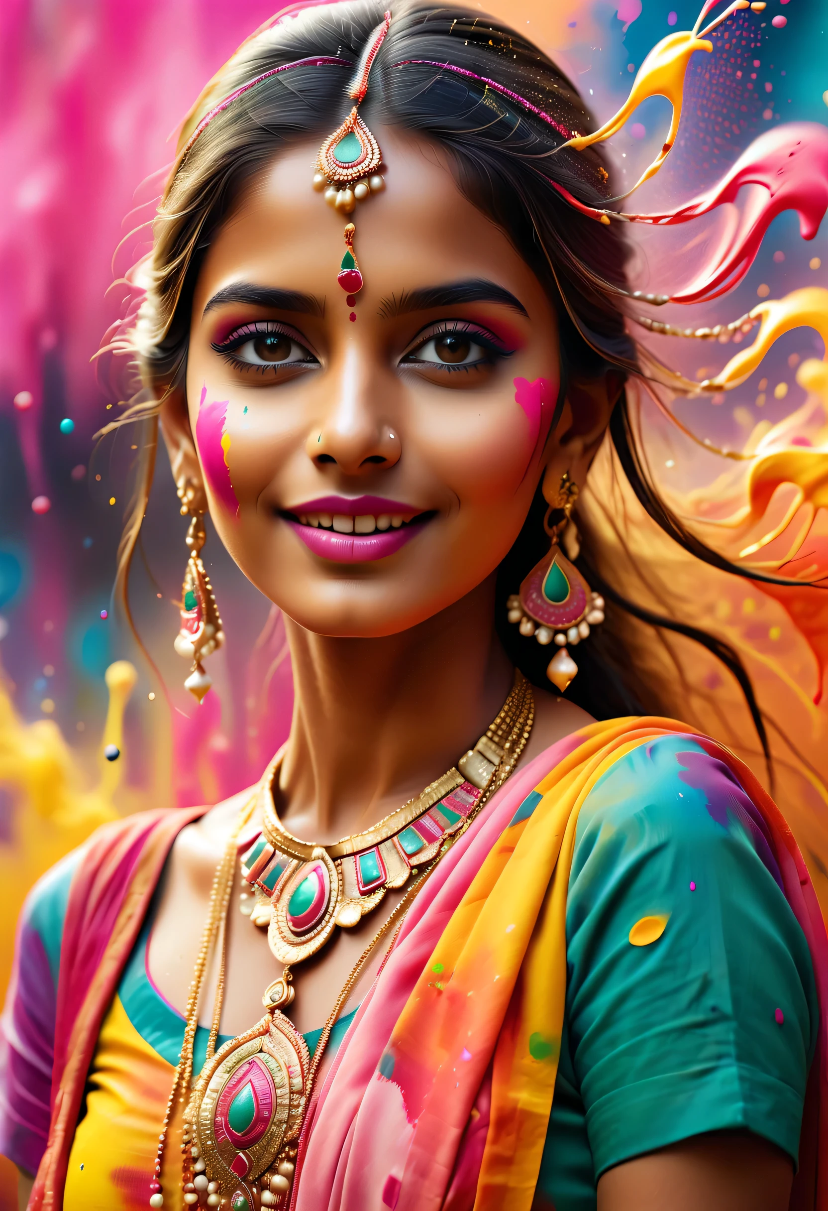 (best picture quality，4K,8k，HD，masterpiece:1.2)，Super detailed，(lifelike，lifelike，lifelike:1.37)。Indian festivals，painting festival，splatted paint：1.37.beautiful Indian girl，Face painted with colorful paint，golden eyes，exquisite gold jewelry，happy，happiness，contagious smile，Colorful costumes，colored nails，身上被splatted paint，photography，motion capture，Splashing colorful paint at the event，paint splatter background，彩色splatted paint，Energetic movement，Dynamic and powerful abstract art，colorful，propylene，Vivid rainbow hues，happiness活泼的气氛，Bright orange，pink，Whimsical and dreamy，spontaneous splash，bold color contrast。