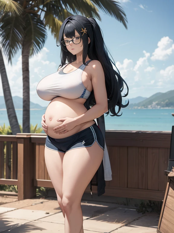 (Very high quality, detailed) A full body image of a pregnant girl wearing a sports bra, very thight shorts and glasses, she's standing barefoot and has very big breasts, long hair and a pretty thick body. She has her hands on her belly and her belly is uncovered