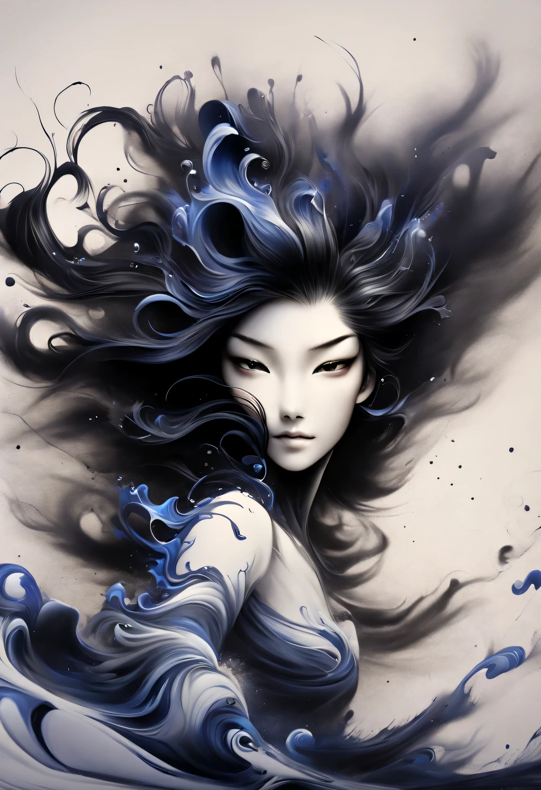 Ink art of black dancing hair，Wallpaper phone，splash ink，airbrush art