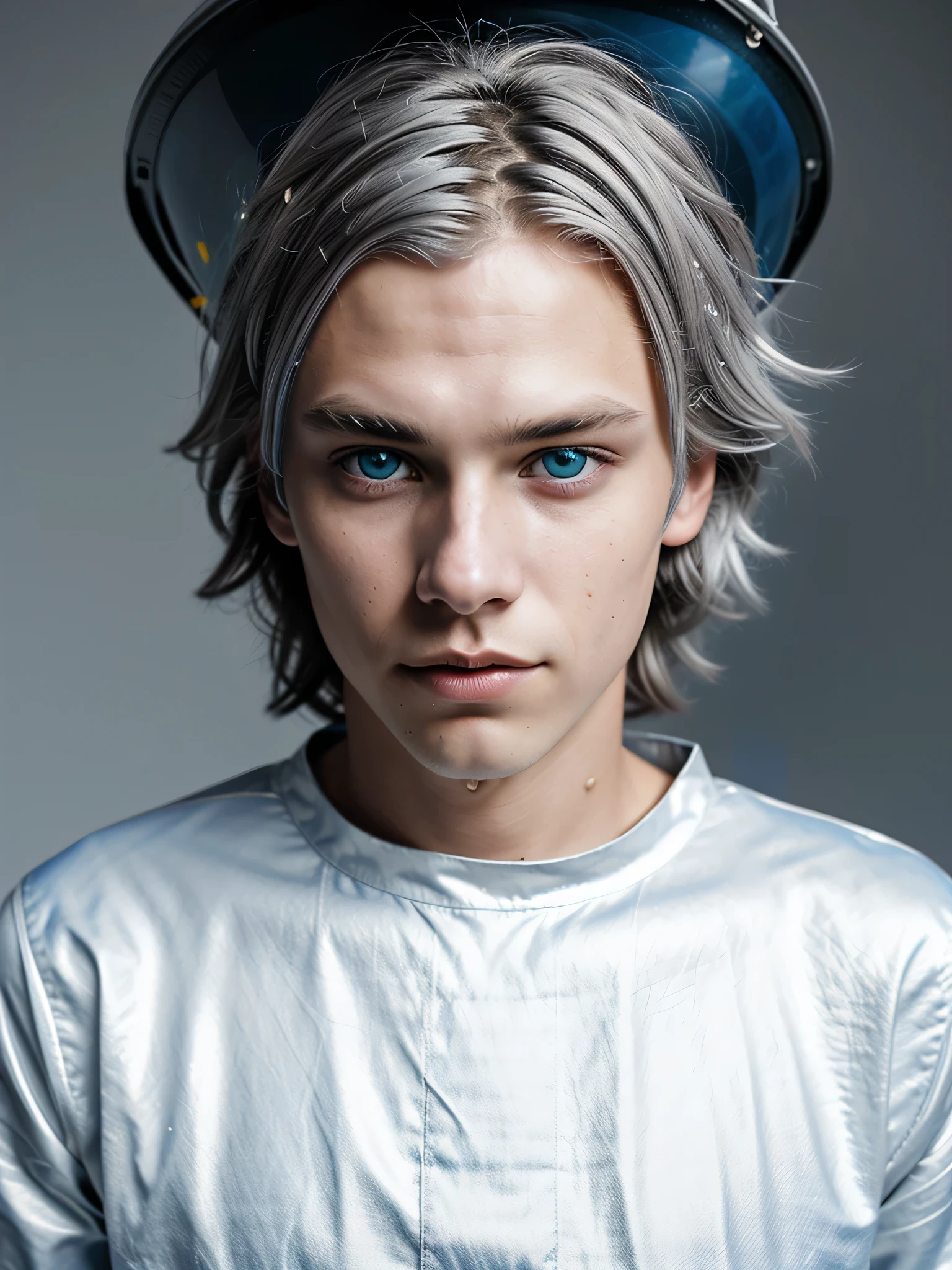 (Portrait of a young skinny man:1.2) (messy silver hair:1.1) (yellow eyes with heterochromia and blue eyes:1.2) (space helmet:1.0) (colored stars in the eyes:1.0) (radiant light:1.1) (big lips:0.9) Glowing lanterns，high contrast，best shadow，chiaroscuro，minimalist style