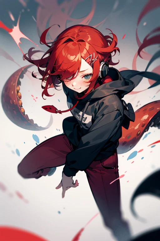 Girl with black sweatshirt with white letters saying "ur buns lol" and black and red pants, red hair, messy hair, short hair, side swept bangs, swept bangs, hair spread out, floating hair, expressive hair, tentacle hair, tied hair, tied hair, tied hair, tied hair, quiff, hair flaps, hairpin, hairpin, covered eyes, headphones, heart hair ornament, smile, light blush, anime, anime style, high quality