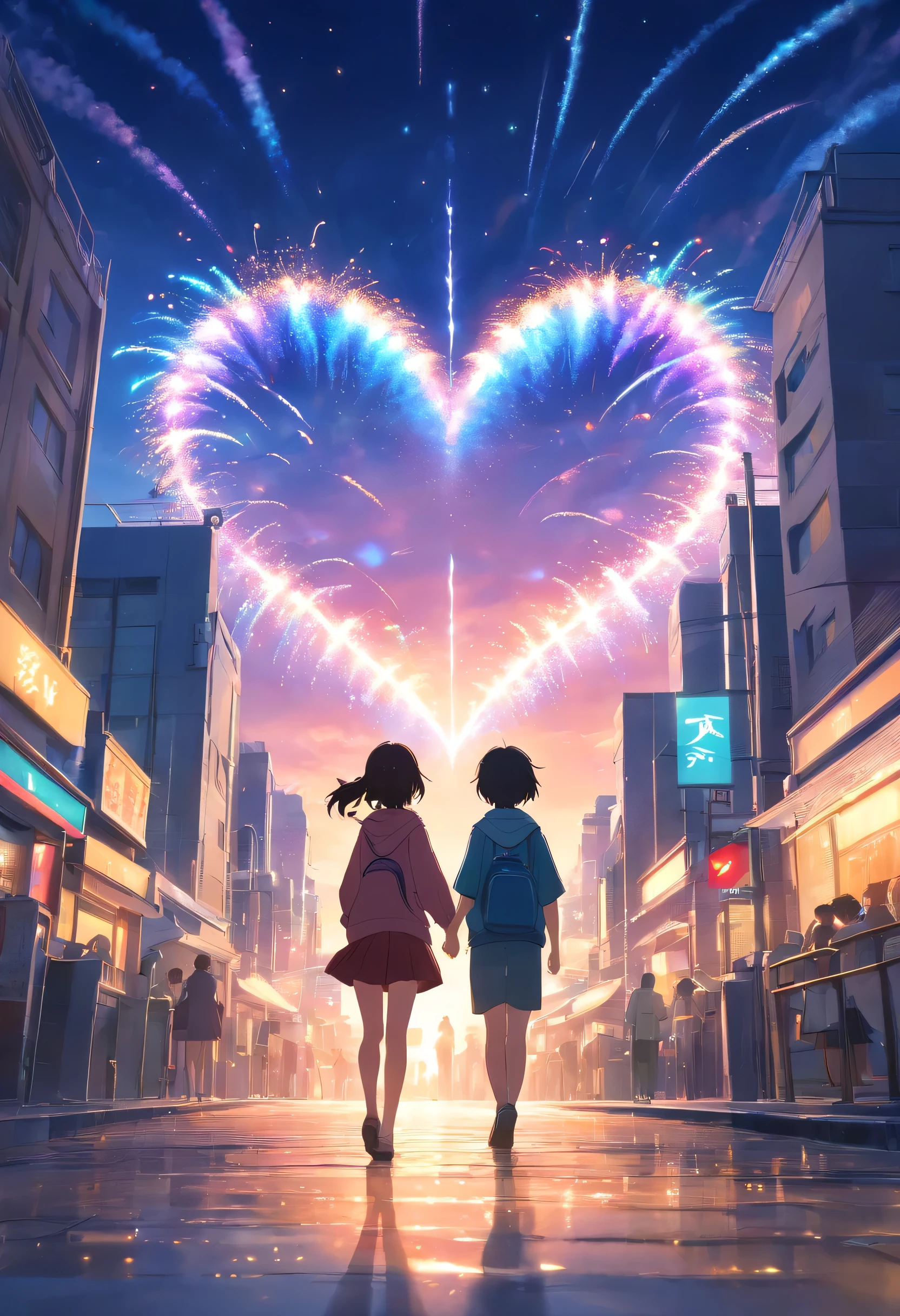 the night,Colorful,Fireworks all over the sky,Heart-shaped bubbles,Cartoony,Glowing fireflies around,Glow effects,Dingdall effect,depth of fields,high light,Real light,Ray traching,oc rendered,Hyper-realistic,best qualtiy,8K,Works of masters,super-fine,Correct anatomy