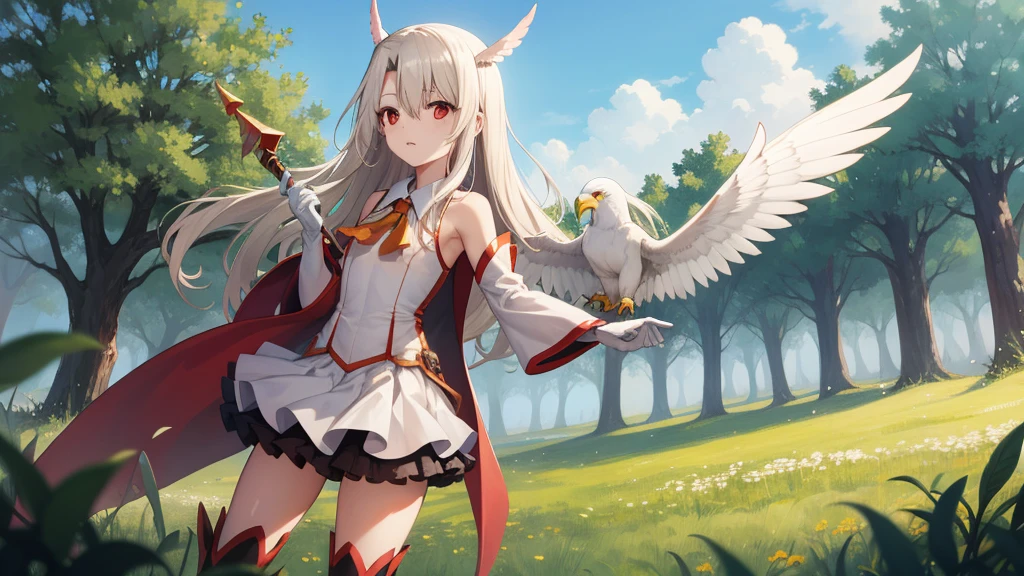 Illyasviel von Einzbern, blonde hair, hair between eyes, long hair, (red eyes:1.5),
 boots, Detached sleeves, , White gloves, white skirt, absolute chance,It's all right，Eagle&#39;s feathers break through the sky，Holding the Spirit Halberd，Field of life，green cloak robe，Eagle Strike Destroy Kill，Divine grass element，forest，Lancer