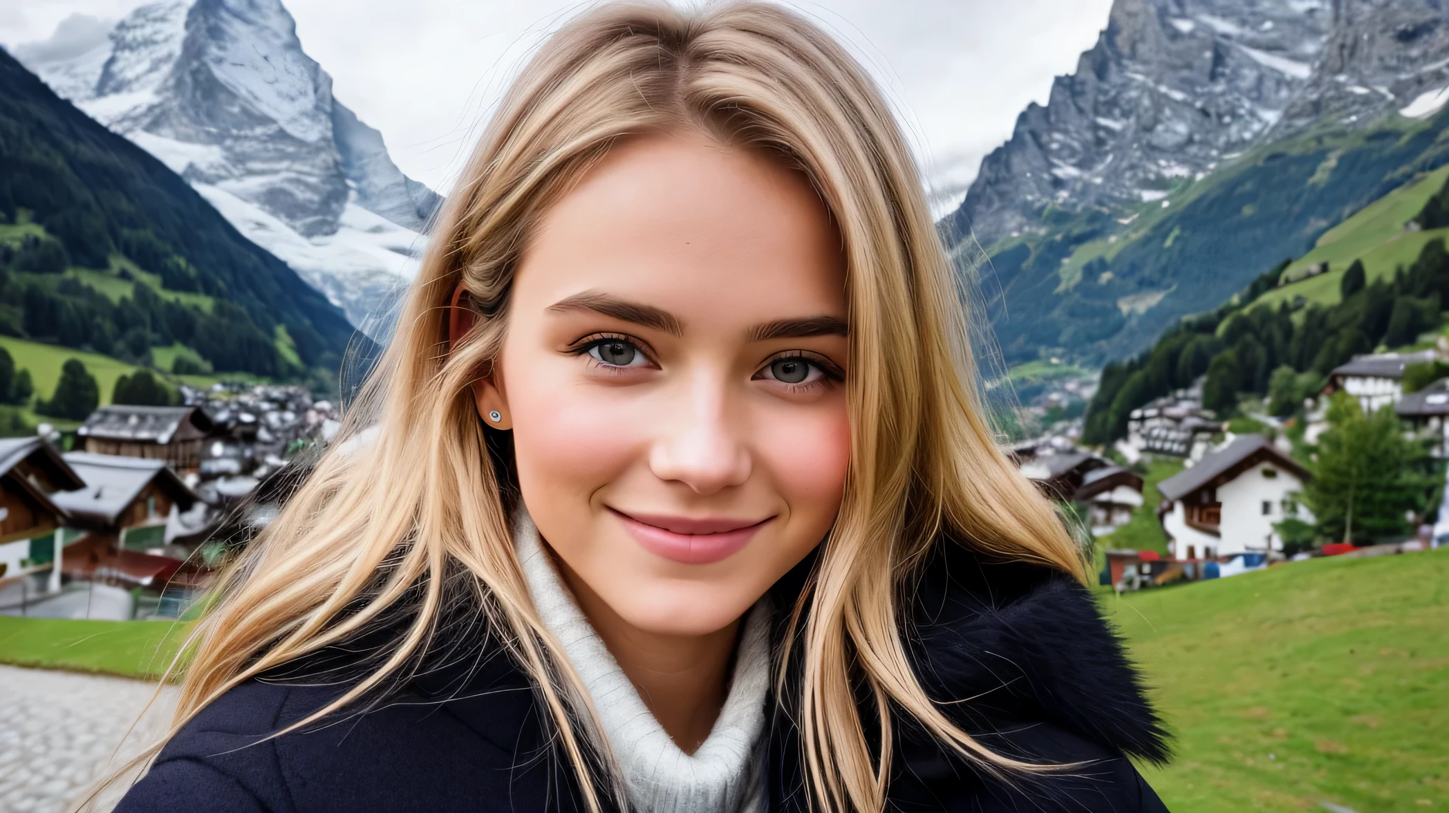 Instagram pictures, French Girl, Shoulder length hair, with light blonde hair, Close-up photo, coat, The background is the village of Grindelwald...., Switzerland, smile a little,