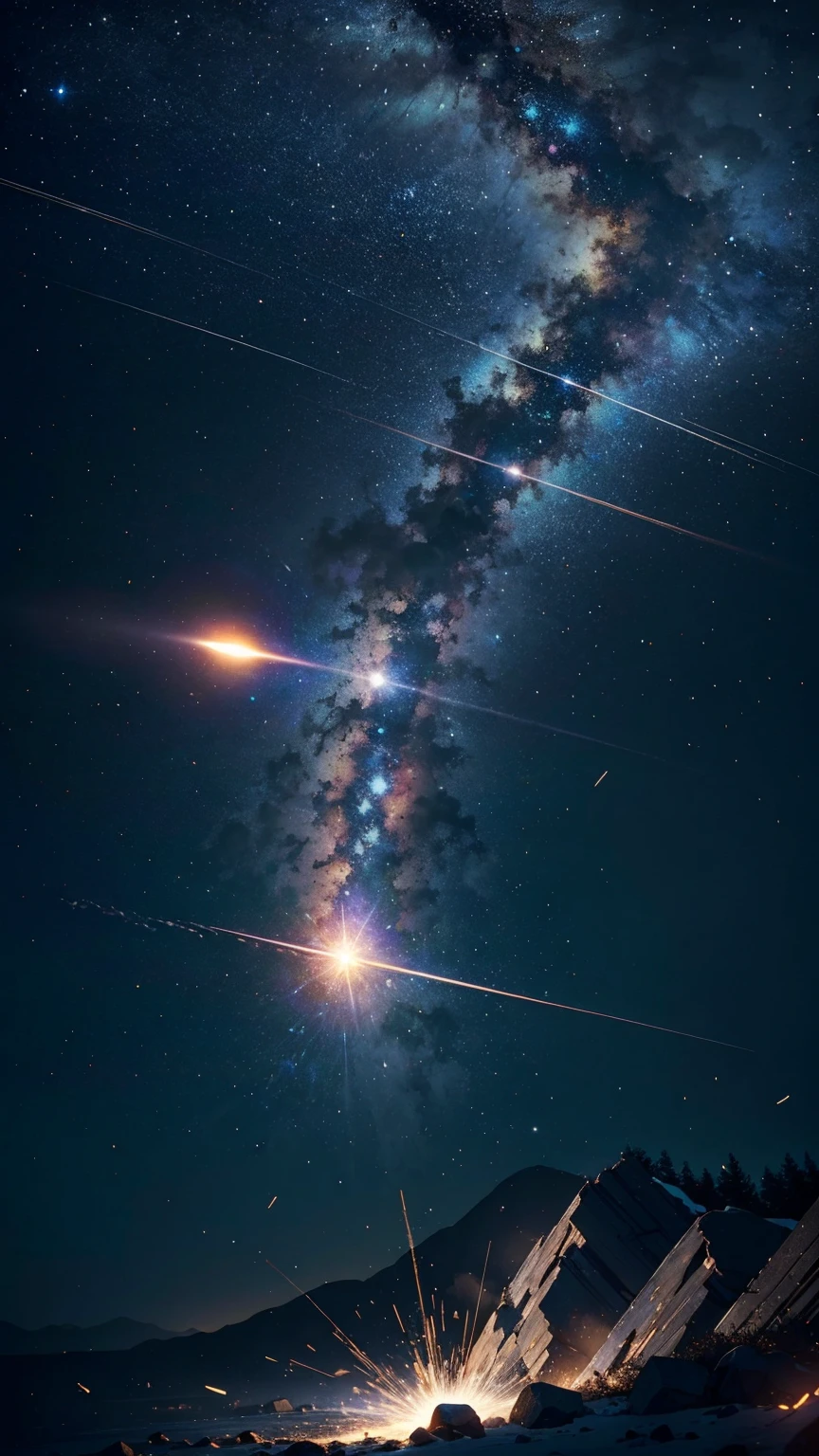 (8k, original photo, best quality, masterpiece:1.2), (actual, photo-actual), meteor, Fall to the ground, huge shock wave, An extremely delicate one, depth of field, professional lighting,