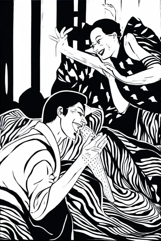 A print-like monochrome abstract painting of two people performing manzai.