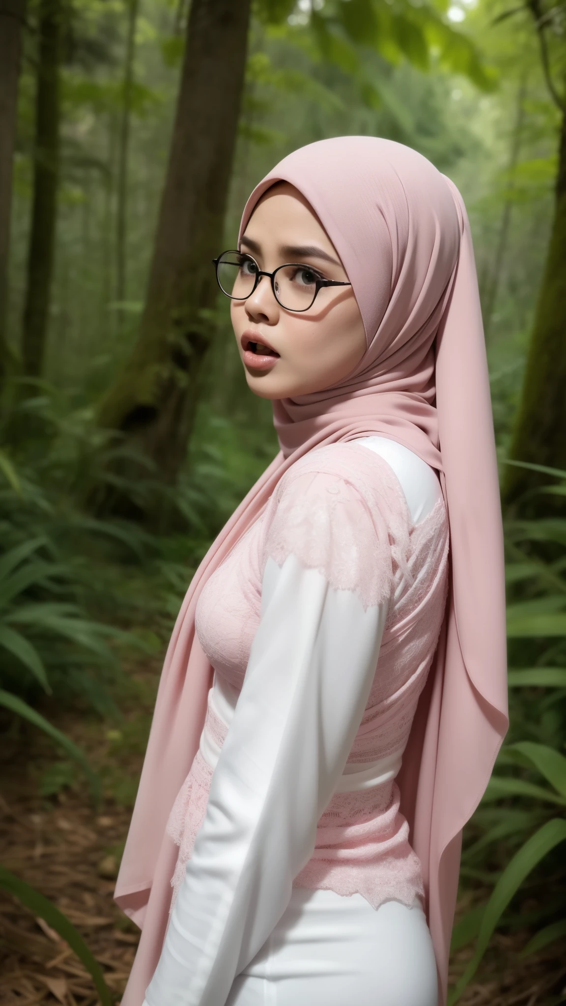 (Anger), "Oki Setiana Dewi", "Spectacles ", ("Hijab Naked"), Chubby Wearing Lace Bra & Short Hairy Pussy, "Facial expression in anger", "Pink", "Pink Lips", "Bokeh" My ass is huge Being in the forest,