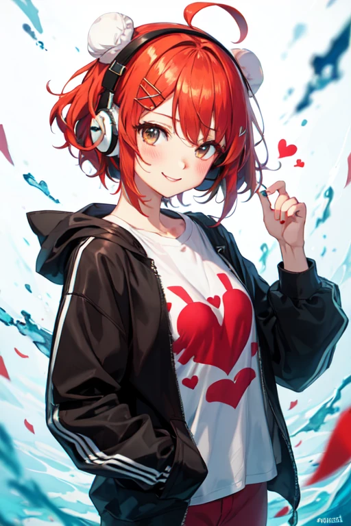 Girl with black sweatshirt with white letters saying "ur buns lol" and black and red pants, red hair, messy hair, short hair, side swept bangs, swept bangs, hair spread out, floating hair, expressive hair, tied hair, quiff, hair flaps, hairpin, hairpin, covered eyes, headphones, heart hair ornament, smile, light blush, anime, anime style, high quality