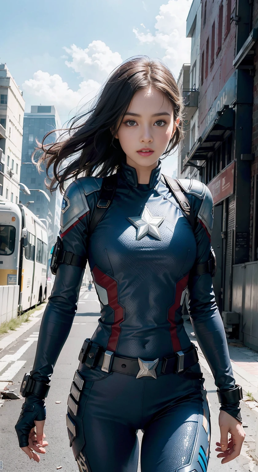 (1girl:1.3), solo, __body-parts__, official art, unified 8k wallpaper, super detailed, beautiful and aesthetic, beautiful, masterpiece, best quality, raw, masterpiece, super fine photo, best quality, super high resolution, photorealistic realism, sunlight, full-body portrait, amazing beauty, dynamic pose, delicate face, vibrant eyes, (from the front), she wears a futuristic Captain America jersey, blue color scheme, (holding a shield), A capital A on chest, very detailed abandoned warehouse background, detailed face, detailed complex busy background, messy, gorgeous, milky white, highly detailed skin, realistic skin details, visible pores, sharp focus, volumetric fog, 8k uhd, DSLR camera, high quality, film grain, fair skin, photo realism, lomography, huge metropolis in future dystopia, seen from below, translucent