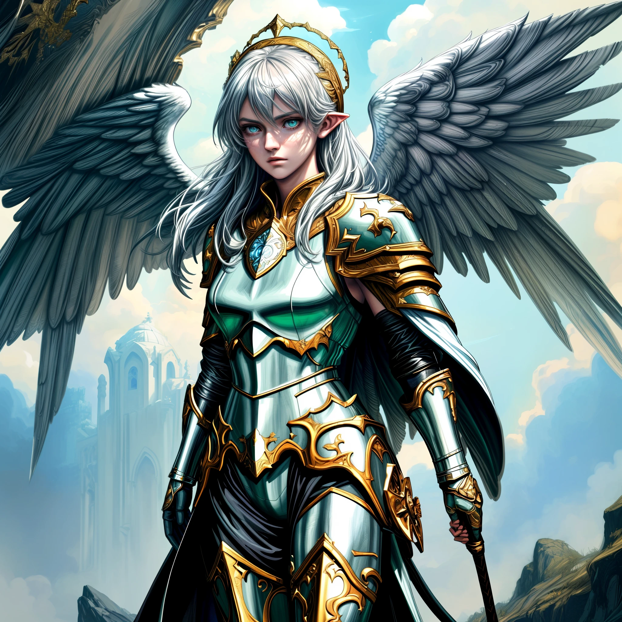 8k, ultra detailed, masterpiece, best quality, (extremely detailed), arafed, dnd art, panoramic view, full body, aasimar cleric casting a flaming spell,  aasimar, female, (Masterpiece 1.3, intense details), female, cleric, holy warrior, casting radiant spell, divine spell (Masterpiece 1.3, intense details) large angelic wings, azure angelic wings spread (Masterpiece 1.3, intense details), fantasy divinel background (Masterpiece 1.5, intense details), sun, clouds, wearing white armor  (Masterpiece 1.5, intense details), blue cloak, flowing robe (Masterpiece 1.3, intense details), high heeled boots (Masterpiece 1.3, intense details), armed with mace, metalic hair, green eyes, intense eyes, feminine, ultra detailed face, (Masterpiece 1.5, best quality), anatomically correct (Masterpiece 1.3, intense details), determined face, divine light, cinematic lighting, soft light, silhouette, photorealism, panoramic view (Masterpiece 1.3, intense details) , Wide-Angle, Ultra-Wide Angle, 8k, highres, best quality, high details