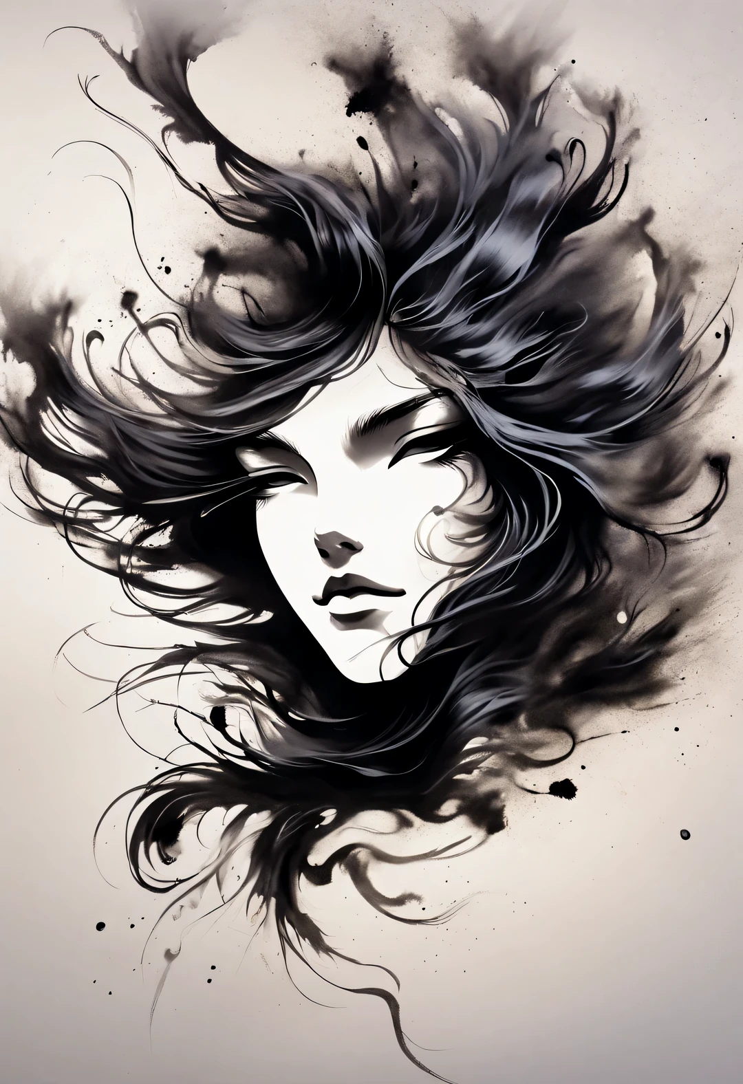 Ink art of black dancing hair，Wallpaper phone，splash ink，airbrush art