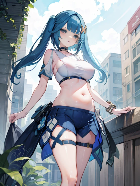 (Very high quality, detailed) A full body image of a pregnant girl wearing a sports bra, very thight shorts and glasses, she's standing barefoot and has very big breasts, long hair and a pretty thick body. She has her hands on her belly and her belly is uncovered