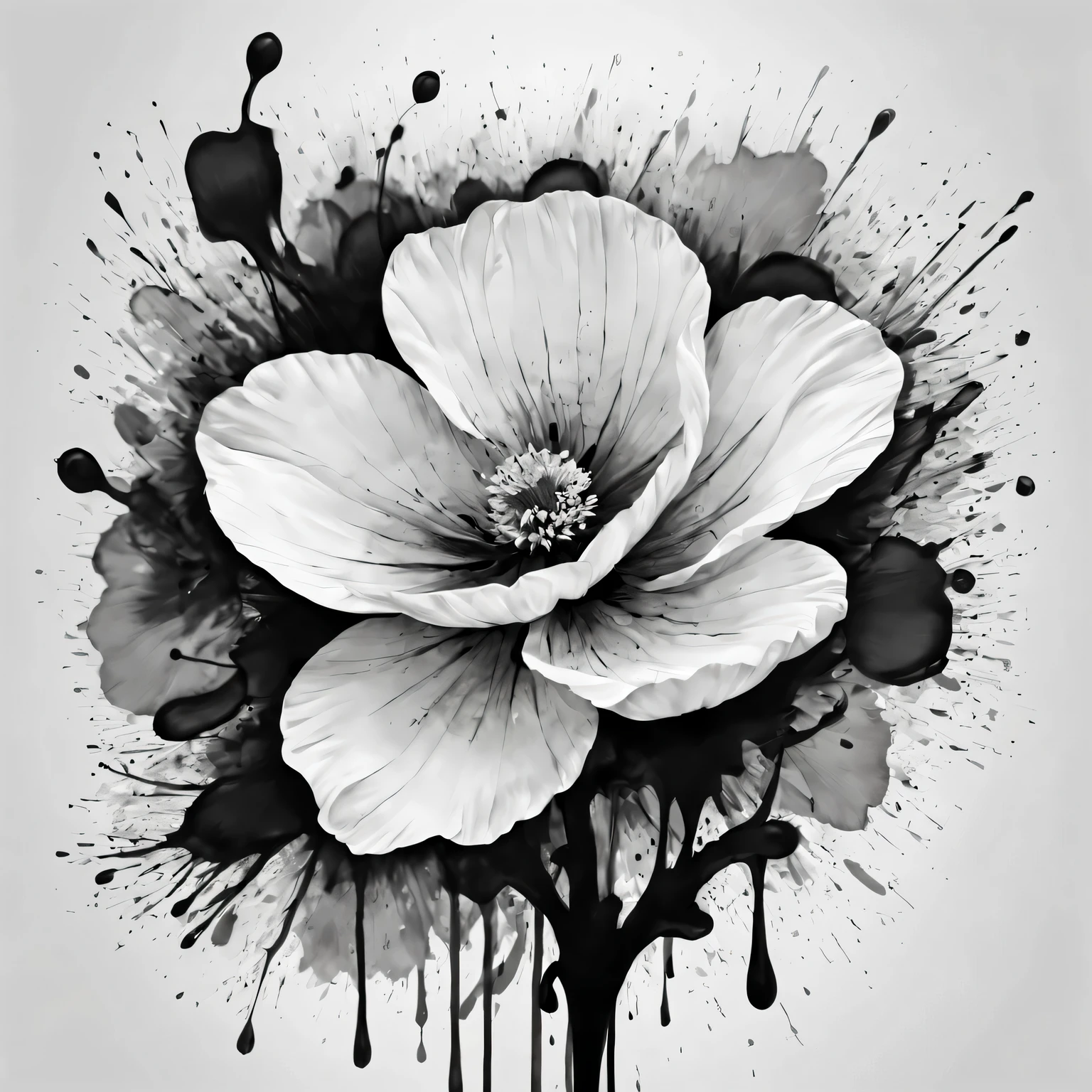 Ink splash art flower,black and white,illustration,High quality details,Super detailed,lifelike,soft light