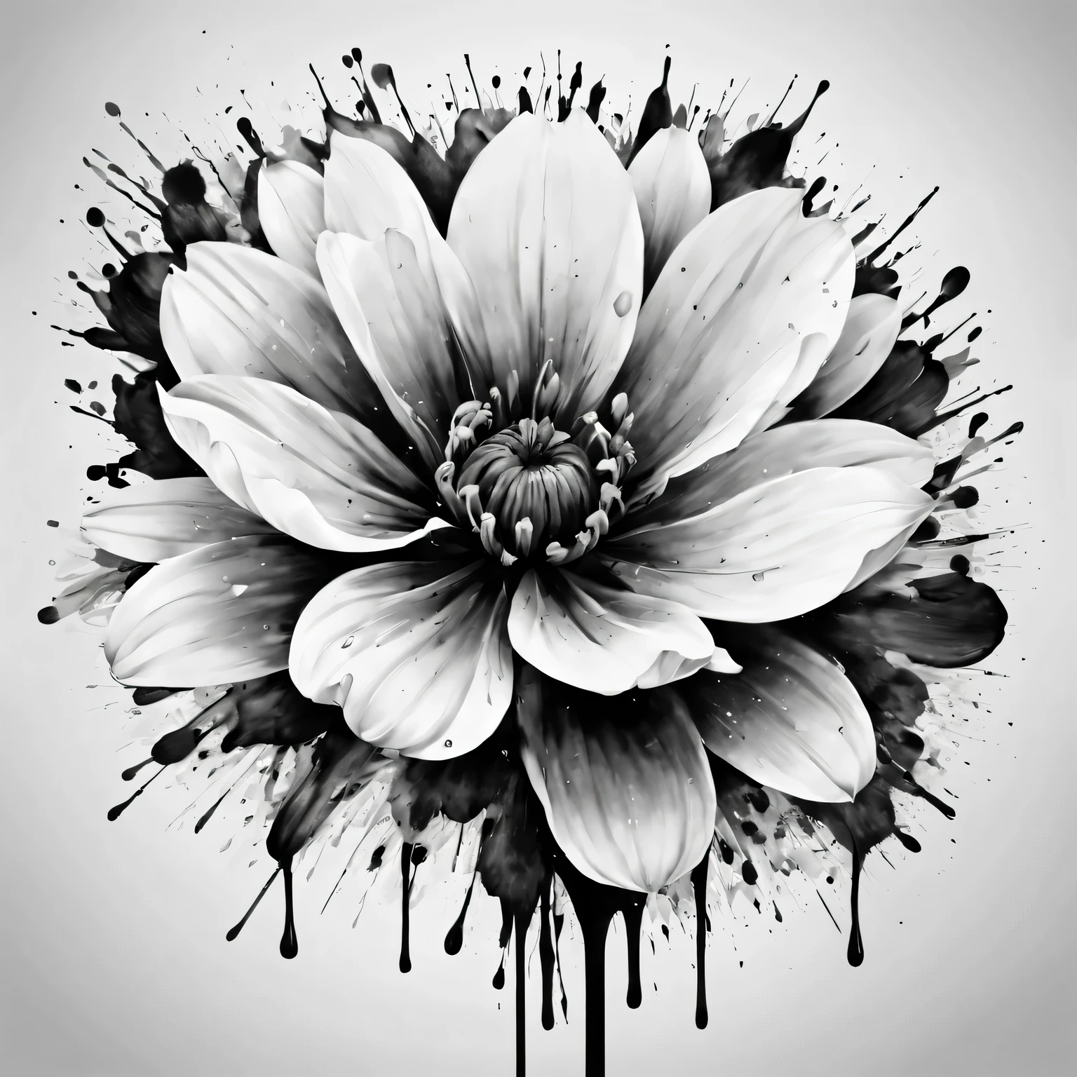 Ink splash art flower,black and white,illustration,High quality details,Super detailed,lifelike,soft light