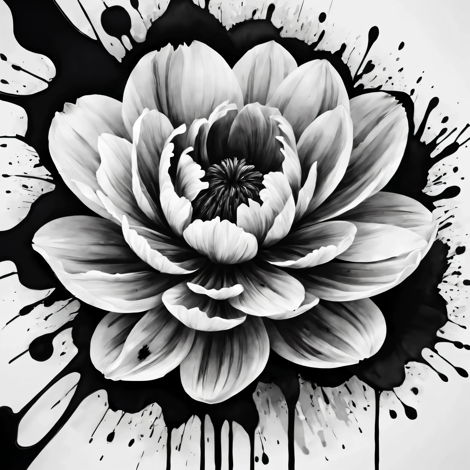 Ink splash art flower,black and white,illustration,High quality details,Super detailed,lifelike,soft light