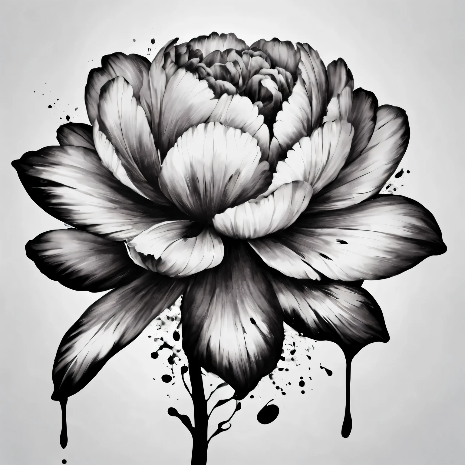Ink splash art flower,black and white,illustration,High quality details,Super detailed,lifelike,soft light