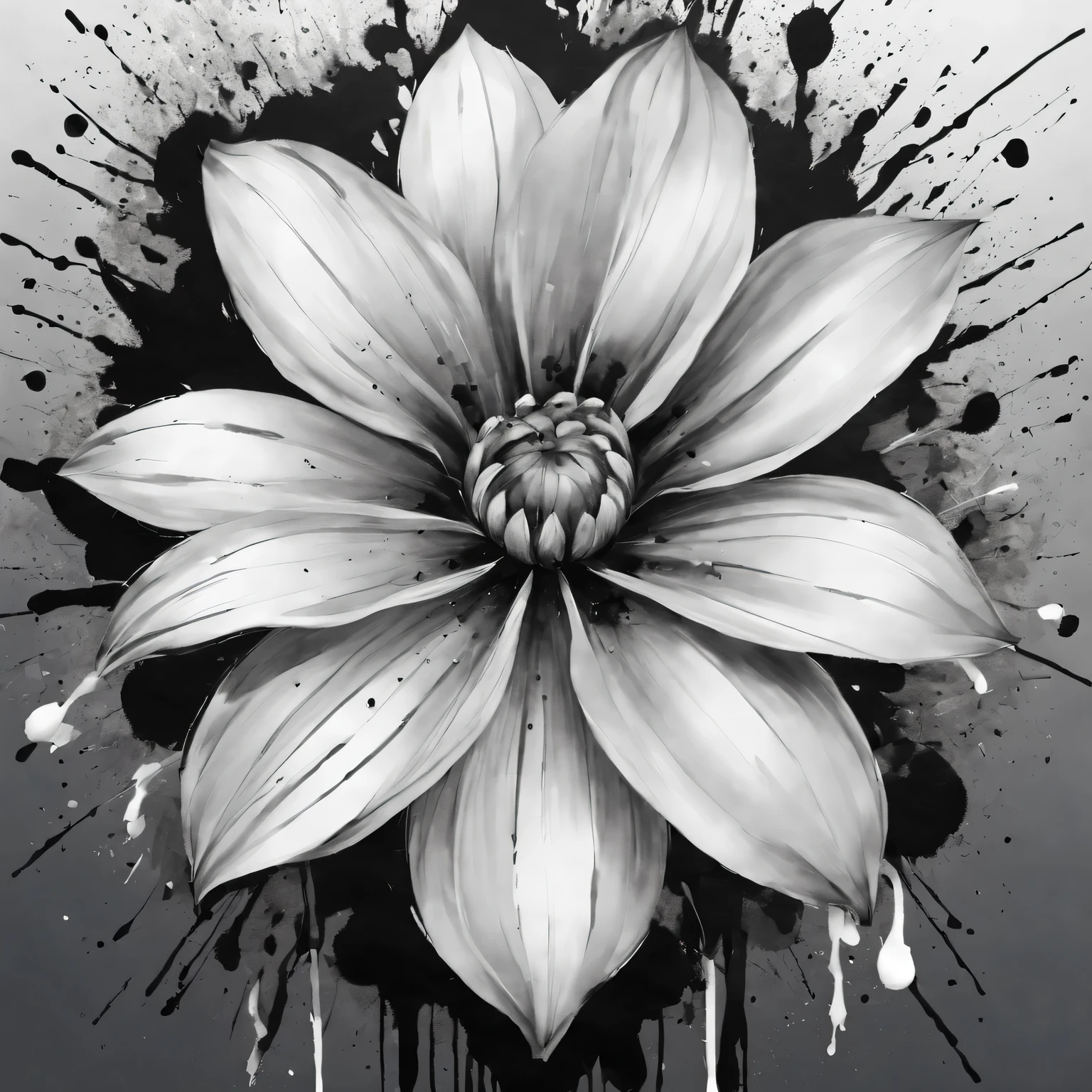 Ink splash art flower,black and white,illustration,High quality details,Super detailed,lifelike,soft light