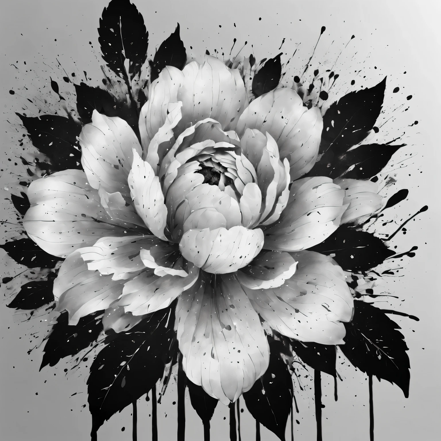 Ink splash art flower,black and white,illustration,High quality details,Super detailed,lifelike,soft light