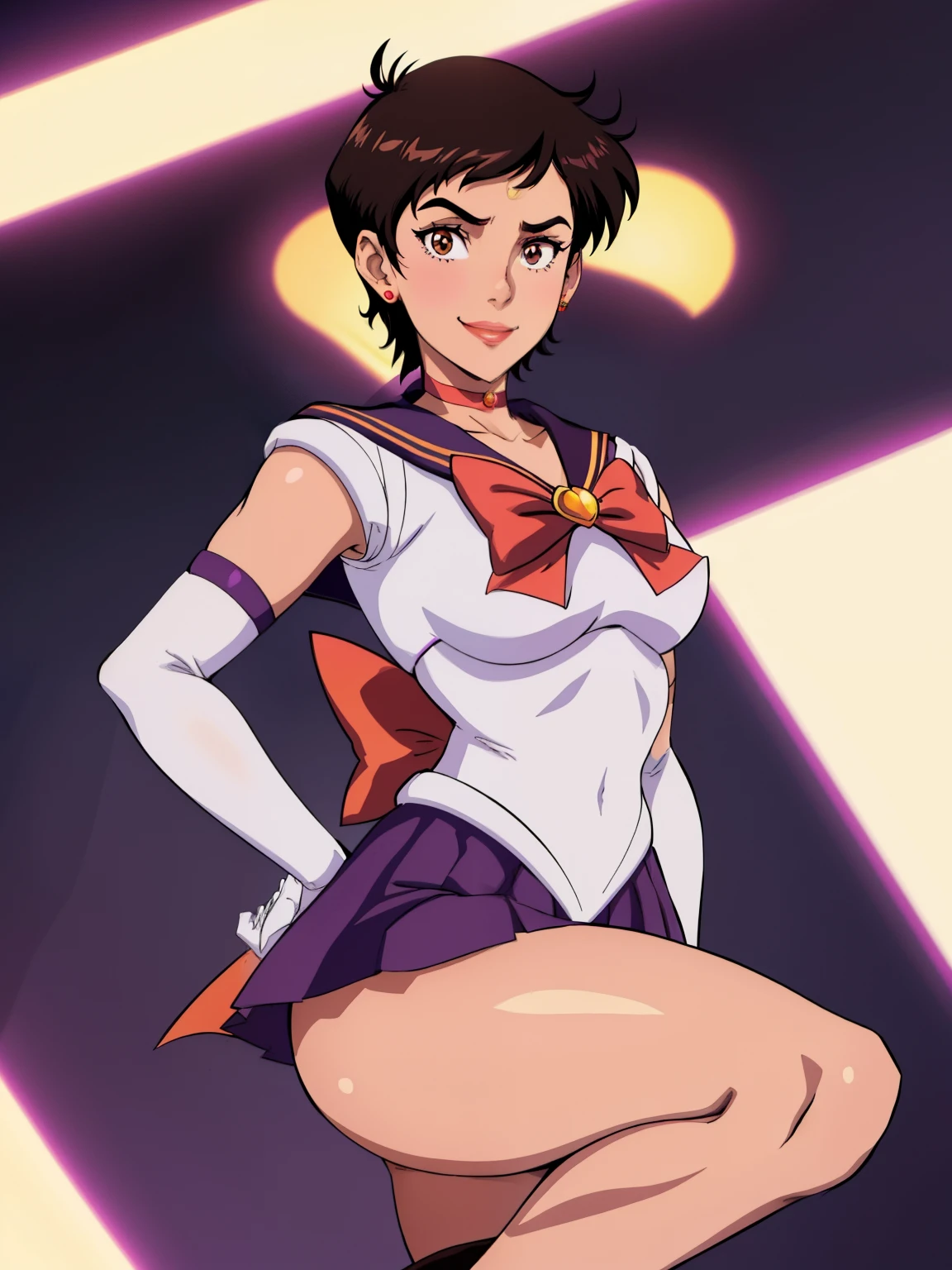 1girl ,lois lane, tan ,short hair ,brown eyes, black hair, sailor moon outfit, purple skirt, elbow gloves, tiara, purple sailor collar, red bow, purple choker, white gloves, jewelry, smile