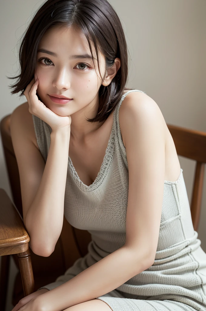 8K, RAW photo, highest quality, masterpiece: 1.2), Super detailed, ultra high resolution, (realistic, realistic photos: 1.37), portrait, High-definition RAW color photos, professional photos, Particle Texture Photography, very delicate and beautiful, very detailed, 8K wallpapers, Amazingly detailed details, huge file size, official art, Highly detailed CG Unity 8K wallpaper, very detailed beautiful girl, very detailed face, very fine eyes, very detailed skin, very detailed fingers, very detailed nose, very detailed mouth, perfect anatomy, very detailed background, very detailed clothes, 1 girl, (20-year-old: 1.2), 20th generation, cute girl, realistic body,, short hair, (bangs: 1.2), smile, cute, youth, cute face, realistic face, delicate eyes, 垂れ目highest quality, masterpiece, 8K quality, high detail, photographic style, detailed background, 20-year-oldの美しい日本人の女性がタイトフィットを着ています, Sleeveless knitted dresses. she is leaning on the chair, With a well-shaped bust, Clear waist, and beautiful light brown hair, Captivate everyone around. Please generate a detailed description of this scene.,fair and beautiful skin、Gentle atmosphere、bangs、Medium bob hair、cute face、Portrait、cute girl、Popular models in Japan、smiling kindly、beautiful legs、
