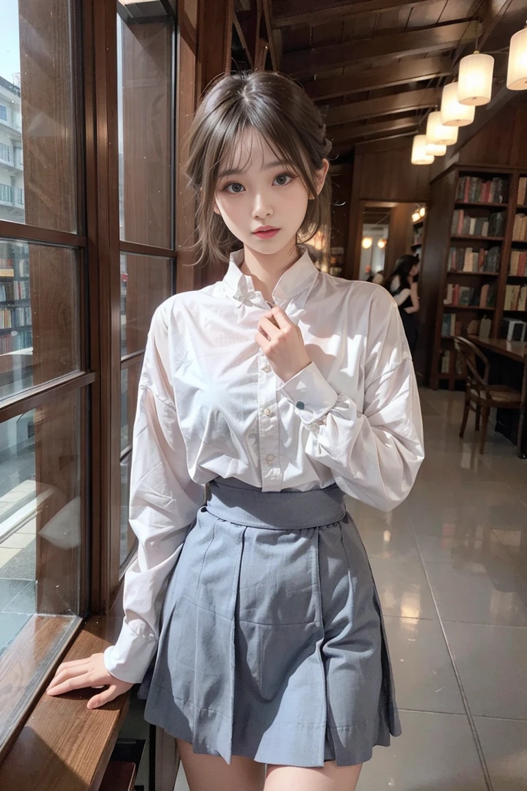 30 year old woman and、(High top fade in and out:1.3)、hair length、dark theme、soothing tone、pastel colors、high contrast、(natural skin texture、Surreal、soft light lighting、sharp)、Capturing the serene beauty of a young woman immersed in the peaceful atmosphere of a library。Soft diffused lighting gently illuminates her features、Emphasize her delicate expression、Create a quiet atmosphere。Library shelves filled with books、Provide background on knowledge and wisdom。Focus on capturing the model’s natural charm and elegance，Encapsulate the essence of moments of calm and reflection。Cute 21 year old Japanese gravure model with soft, gray brown wavy hair，Decorate with ribbon、You will be fascinated by the charming appearance。(Ruffled white shirt+ruffled skirt、I&#39;I穿着褶边白色踝袜。Stand in front of the bookshelf、Exudes melancholy charm)、Create a scene where beauty and ephemerality are intertwined。