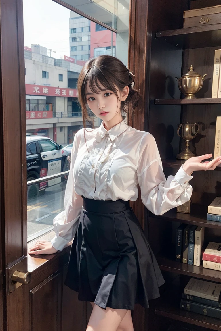 30 year old woman and、(High top fade in and out:1.3)、hair length、dark theme、soothing tone、pastel colors、high contrast、(natural skin texture、Surreal、soft light lighting、sharp)、Capturing the serene beauty of a young woman immersed in the peaceful atmosphere of a library。Soft diffused lighting gently illuminates her features、Emphasize her delicate expression、Create a quiet atmosphere。Library shelves filled with books、Provide background on knowledge and wisdom。Focus on capturing the model’s natural charm and elegance,Encapsulate the essence of moments of calm and reflection。Cute 21 year old Japanese gravure model with soft, gray brown wavy hair,Decorate with ribbon、You will be fascinated by the charming appearance。(Ruffled white shirt+ruffled skirt、I'I穿着褶边白色踝袜。Stand in front of the bookshelf、Exudes melancholy charm)、Create a scene where beauty and ephemerality are intertwined。