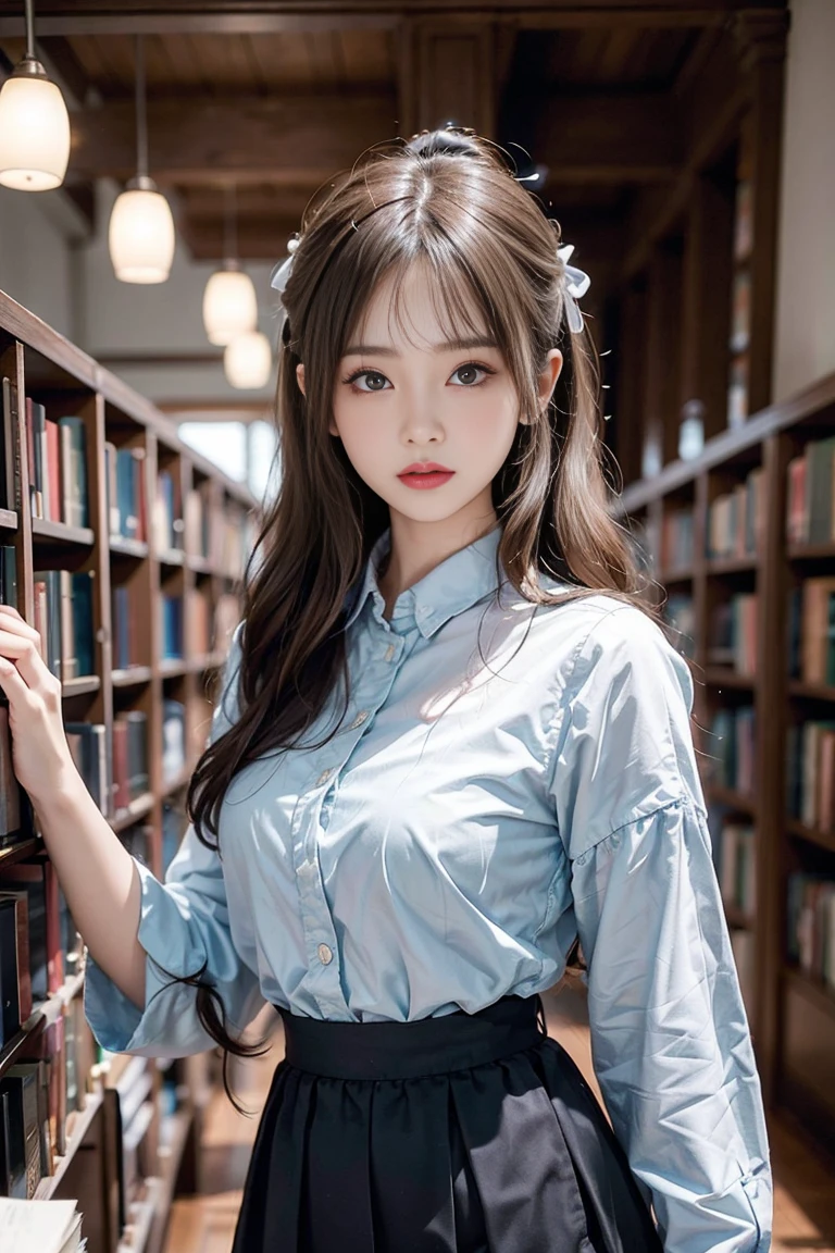30 year old woman and、(High top fade in and out:1.3)、hair length、dark theme、soothing tone、pastel colors、high contrast、(natural skin texture、Surreal、soft light lighting、sharp)、Capturing the serene beauty of a young woman immersed in the peaceful atmosphere of a library。Soft diffused lighting gently illuminates her features、Emphasize her delicate expression、Create a quiet atmosphere。Library shelves filled with books、Provide background on knowledge and wisdom。Focus on capturing the model’s natural charm and elegance，Encapsulate the essence of moments of calm and reflection。Cute 21 year old Japanese gravure model with soft, gray brown wavy hair，Decorate with ribbon、You will be fascinated by the charming appearance。(Ruffled white shirt+ruffled skirt、I&#39;I穿着褶边白色踝袜。Stand in front of the bookshelf、Exudes melancholy charm)、Create a scene where beauty and ephemerality are intertwined。