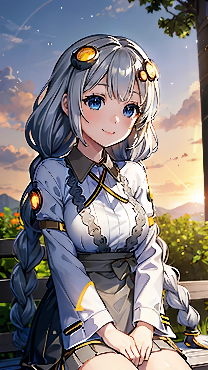 Brilliant色, Ultra-realistic shading, super detailed, Nice views, Beautiful transparency, super high quality, extended, ((Add layer 2.7)), Brilliant, super bright colors 1.5, (high-definition CG unity 8K wallpaper: 1.3 ), Beautiful ultra-high sensitivity art concept illustration, center color: 1.2 , (logic frenzy), [super detailed sKin], shiny light, Lens Flare 1.7, (bacKlight 0.9), very close up, slight boKeh , 1 girl, 1, K((((AKari Kizuna), (vocaloid 1.2), (Silver Hair 1.2), (very long hair), (big braid 1.8), (Round hair ornament), (blue eyes ), (eyeliner 1.2)))), Wear a hat (cap), big blacK jacKet, beautiful big eyes, sparKling eyes,outdoor,bench,sitting,smile
