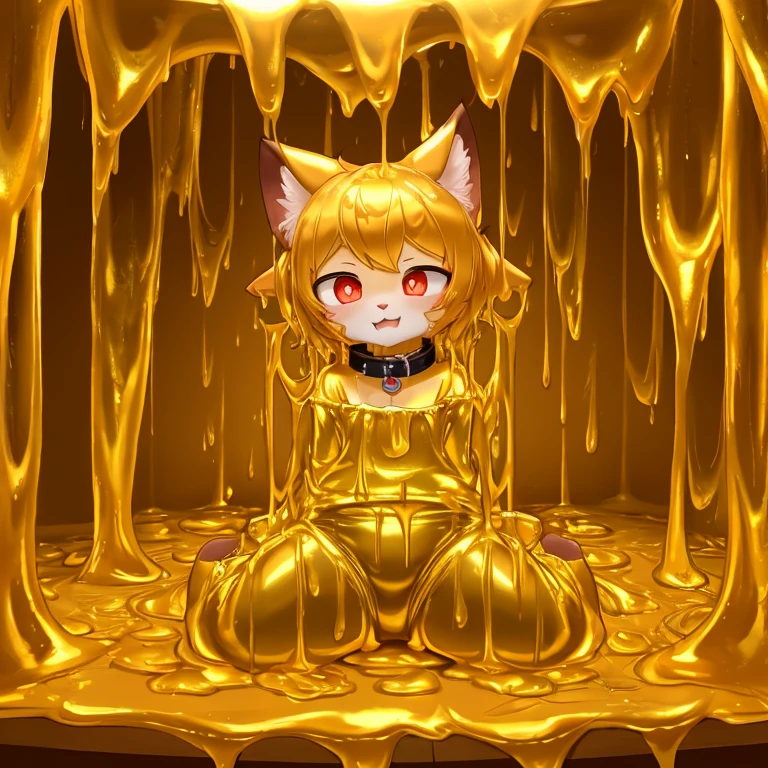 (4K,masterpiece:1.2),super detailed,a cat in diaper,collar,red pupils,cat ears,cat nose,Soaked in golden slime,into the slime,Thighs covered with golden mucus,Golden Slime，kneeling